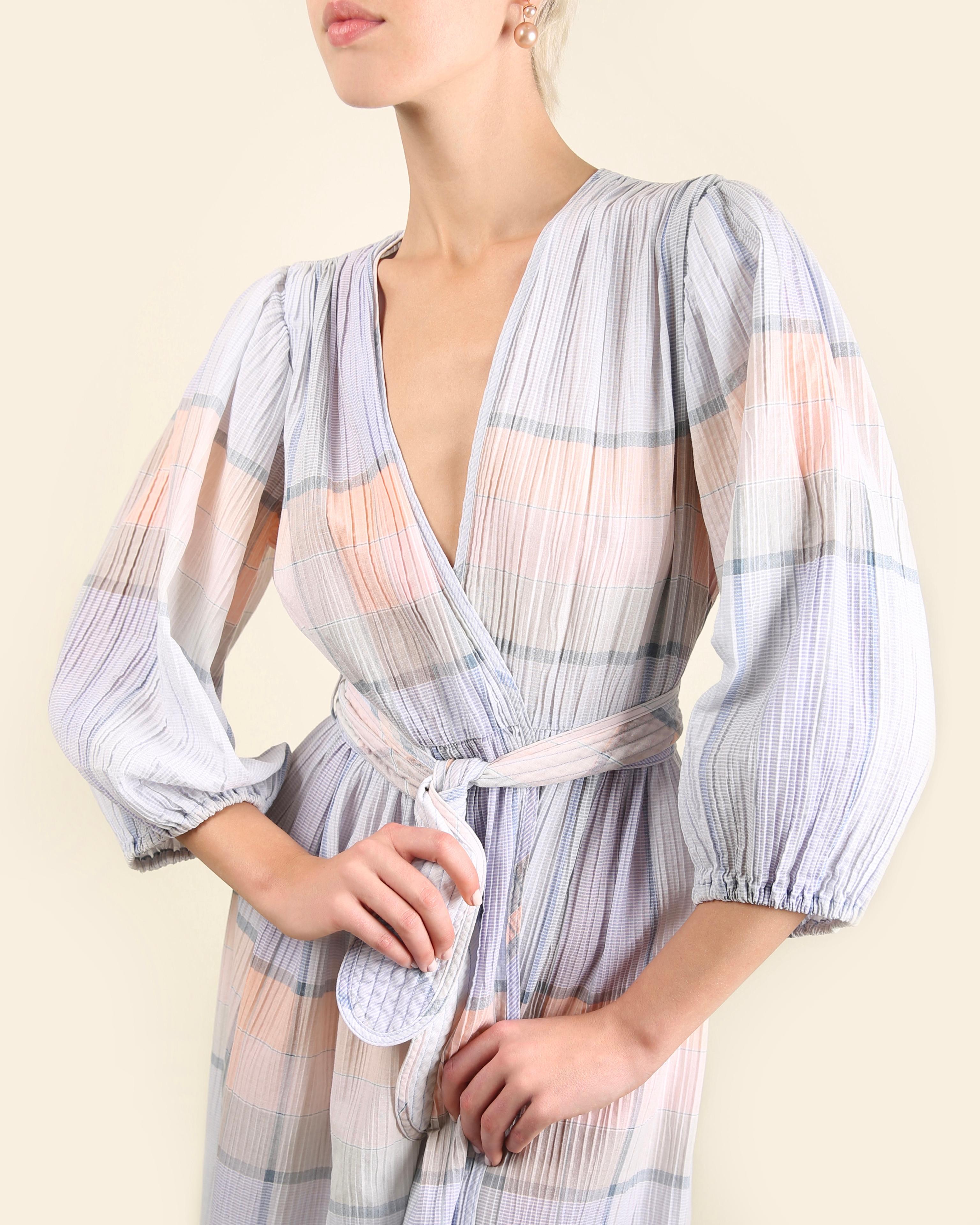 Oscar de la Renta vintage puff sleeve prairie plisse wrap belted maxi dress robe For Sale 2
