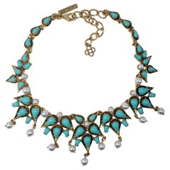 Oscar de la Renta Teardrop Turquoise Cabochon and Faux Pearl Collar Necklace