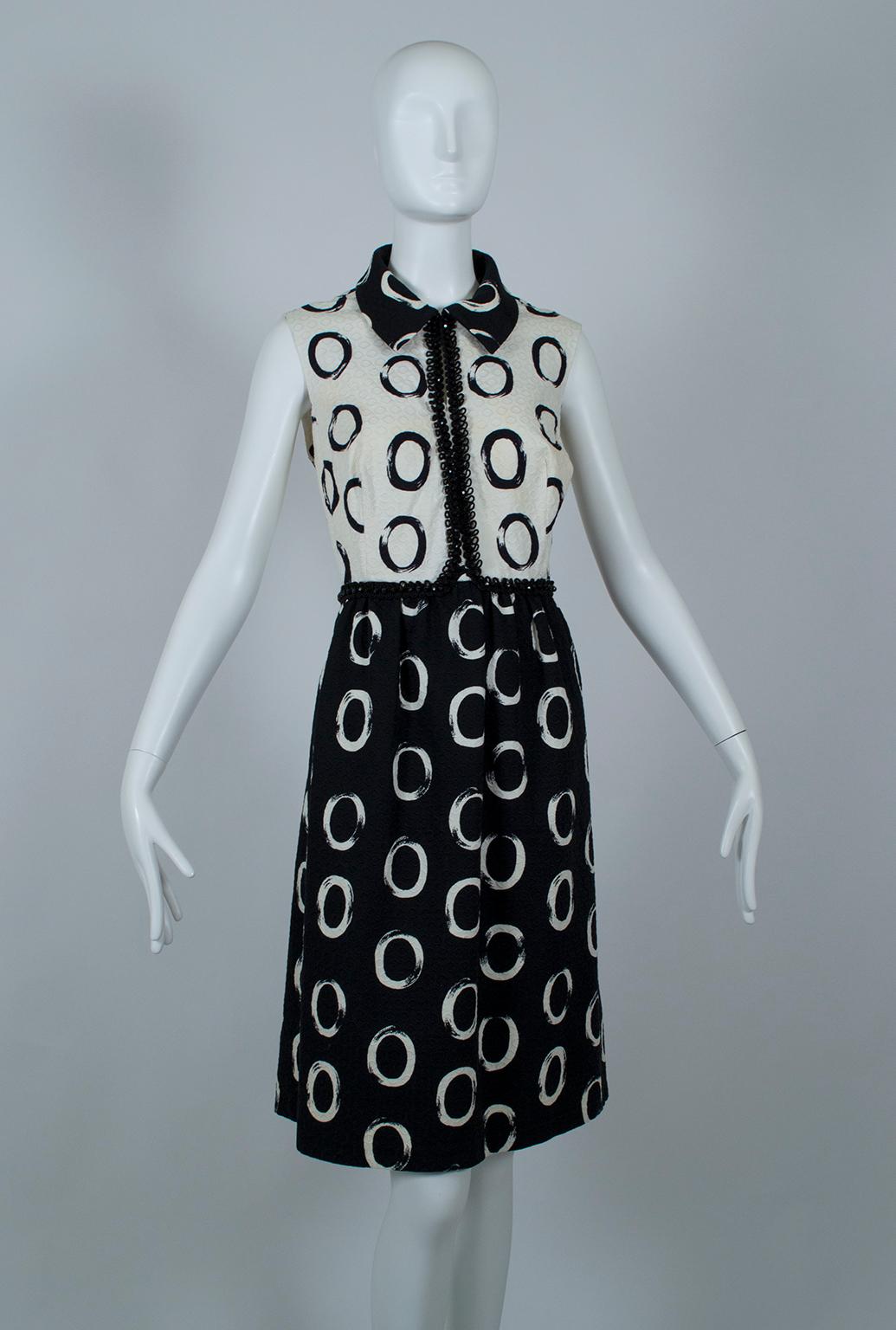 Oscar de la Renta *Larger Size* Black White Bead-Trim Shirtwaist Dress- L, 1960s In Good Condition In Tucson, AZ