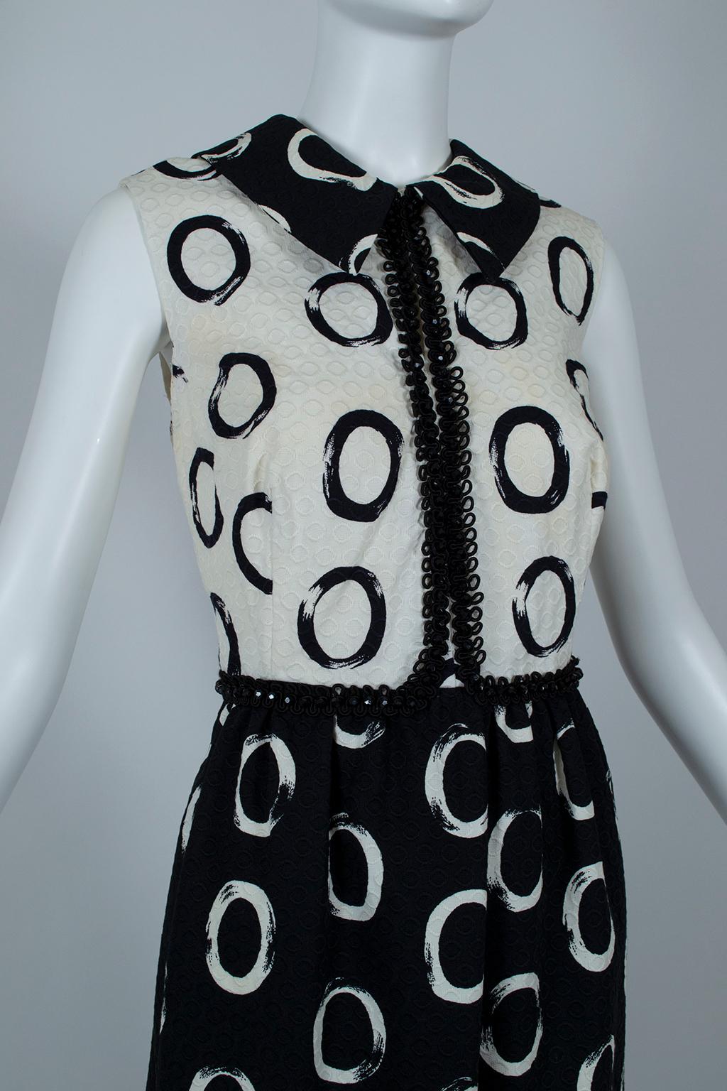 Oscar de la Renta *Larger Size* Black White Bead-Trim Shirtwaist Dress- L, 1960s 1