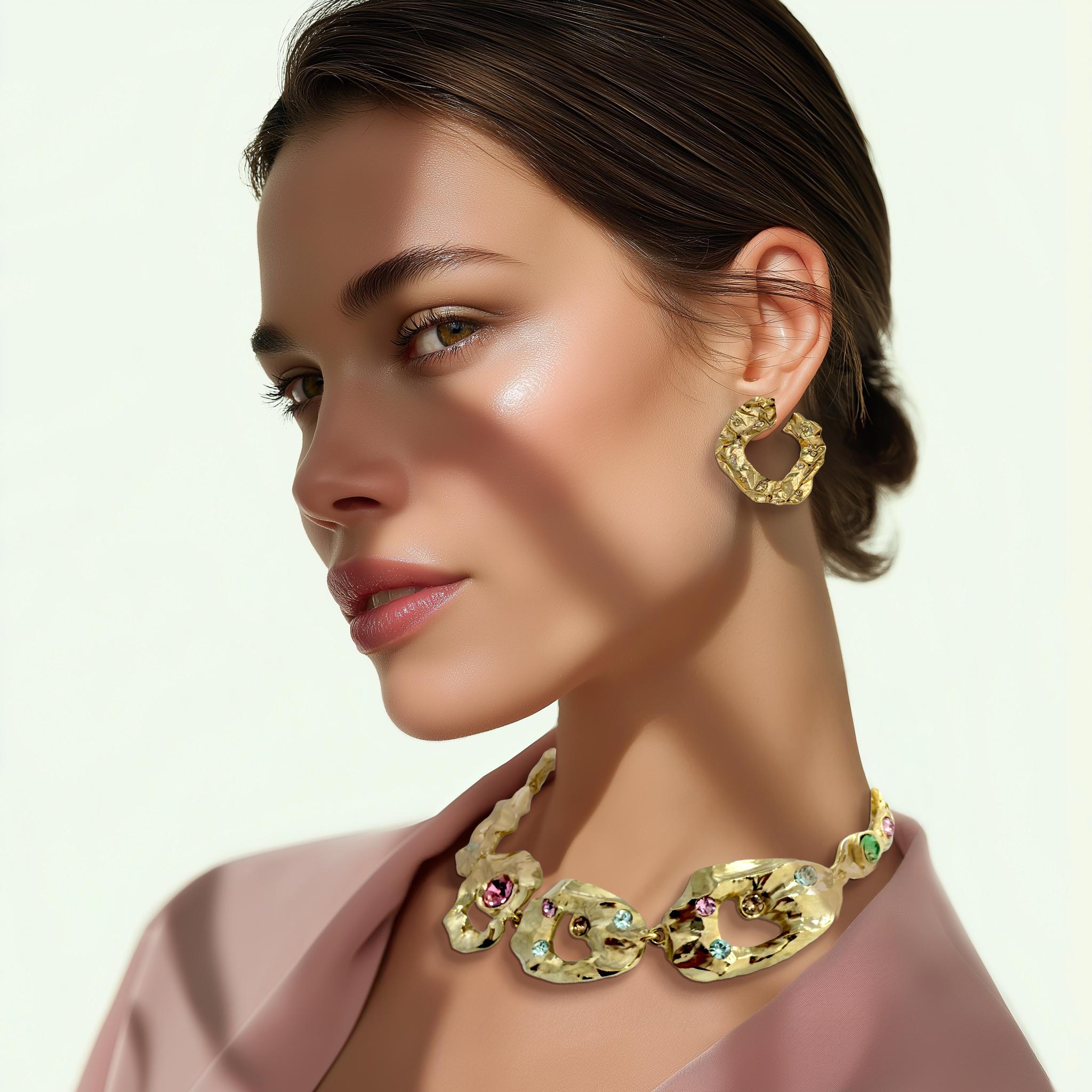 Oscar de la Renta Textured Metal and Crystal Hammered Collar Necklace 16