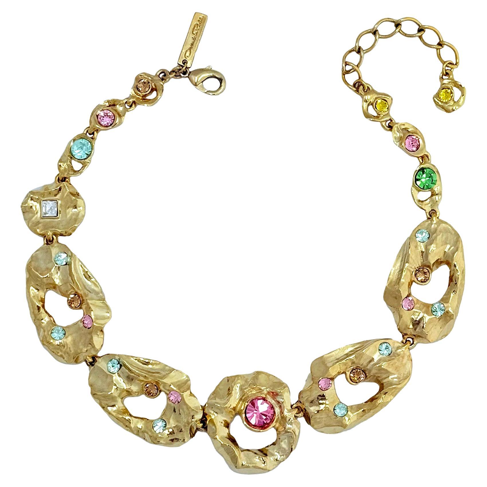 Oscar de la Renta Textured Metal and Crystal Hammered Collar Necklace 16" Long For Sale
