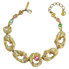 Oscar de la Renta Textured Metal and Crystal Hammered Collar Necklace 16" Long