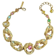 Oscar de la Renta Textured Metal and Crystal Hammered Collar Necklace 16" Long