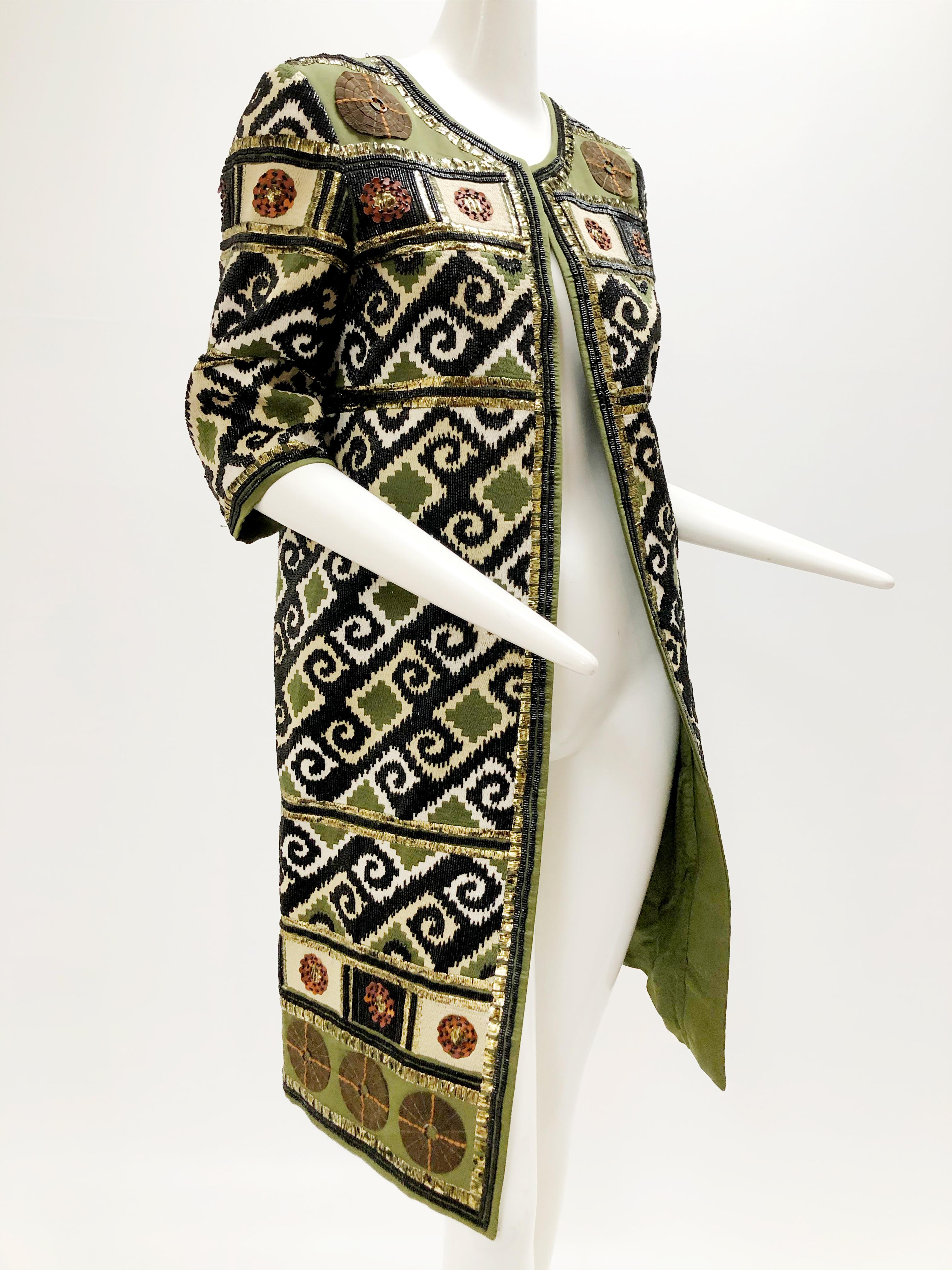 Oscar De La Renta Tribal Design Evening Jacket W/ Wooden Beads & Embroidery  In Excellent Condition In Gresham, OR