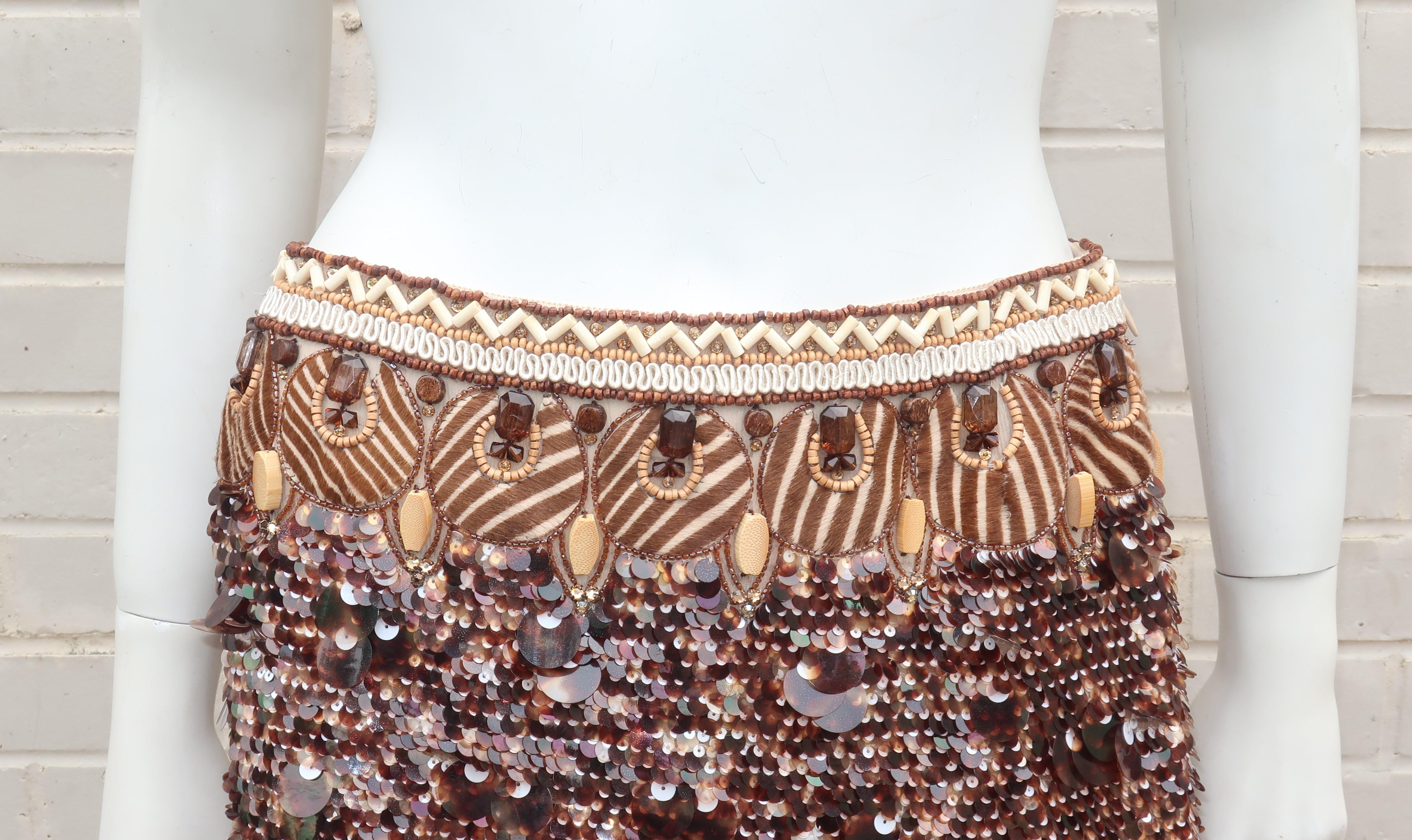 Brown Oscar de la Renta Tribal Motif Sequin Skirt