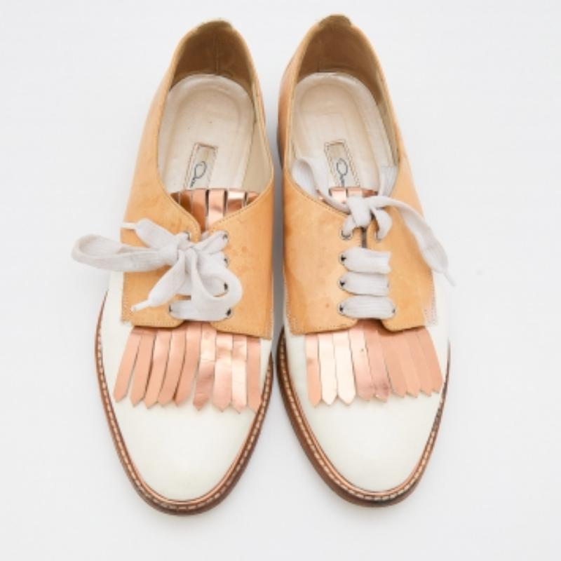 Brown Oscar de la Renta Tricolor Leather Fringe Detail Lace Up Derby Size 39