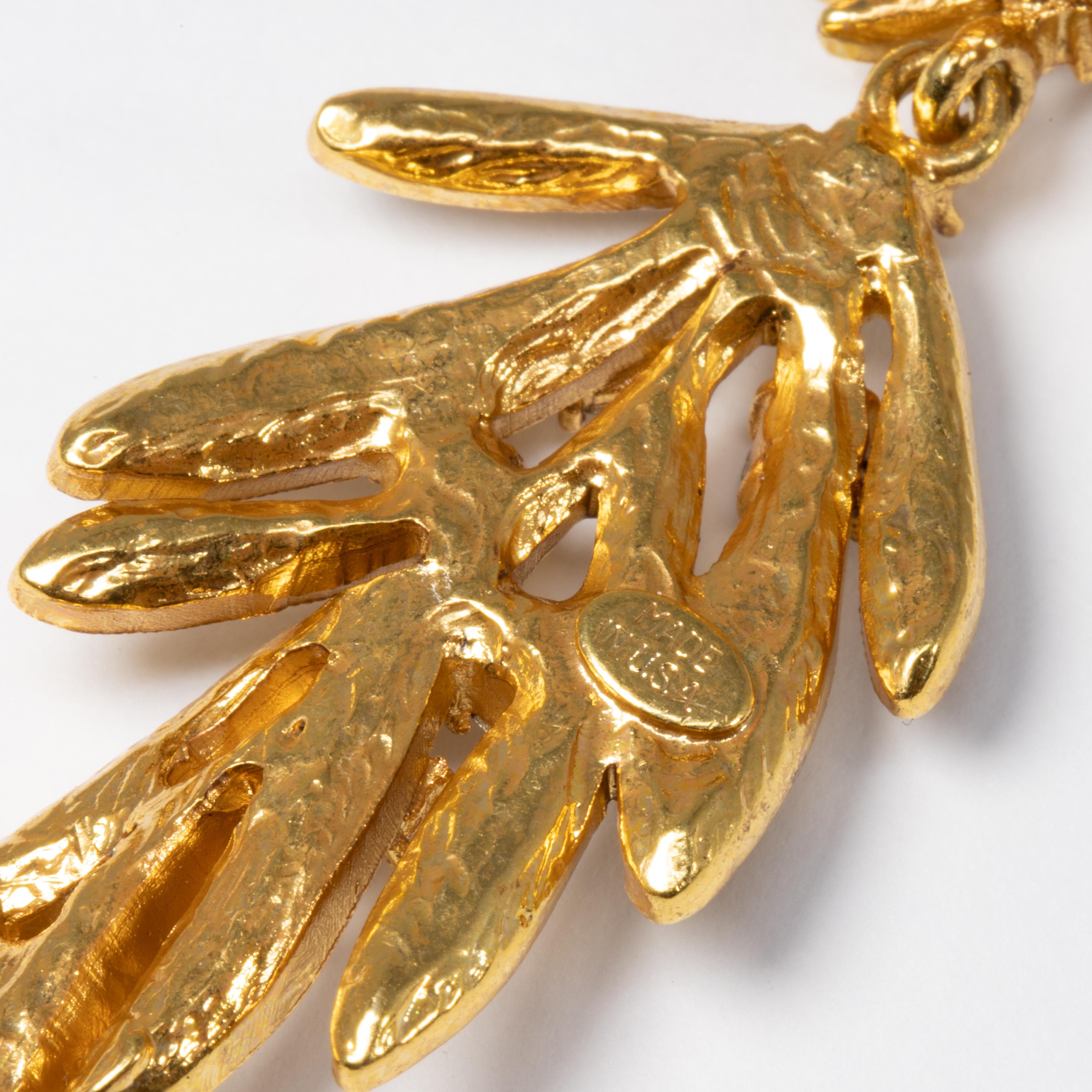 Women's or Men's Oscar de la Renta Tropical Leaf Clear Crystal Dangling Clip On Earrings, In Gold
