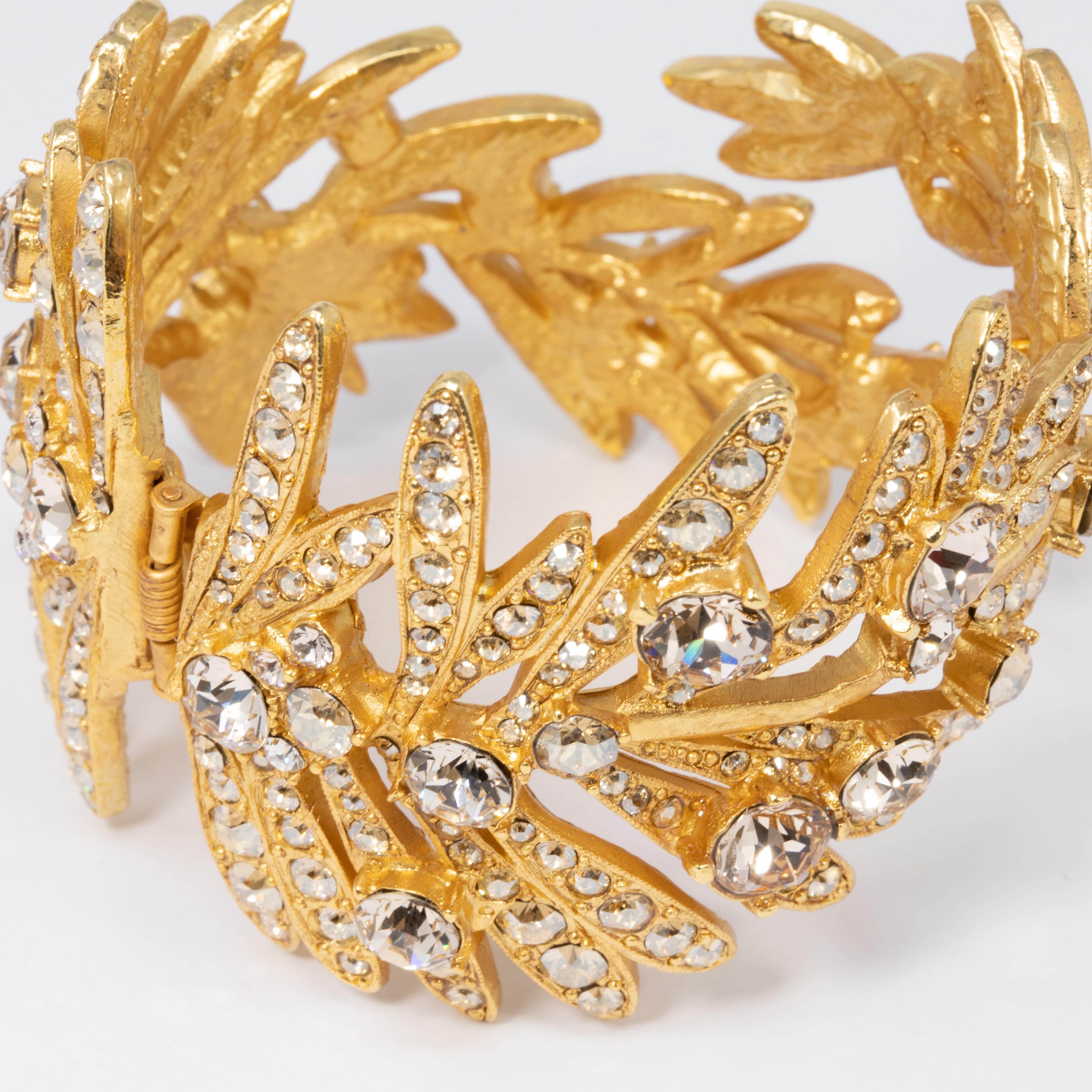 Modern Oscar de la Renta Tropical Leaf Hinged Cuff Bracelet, Clear Crystals, in Gold