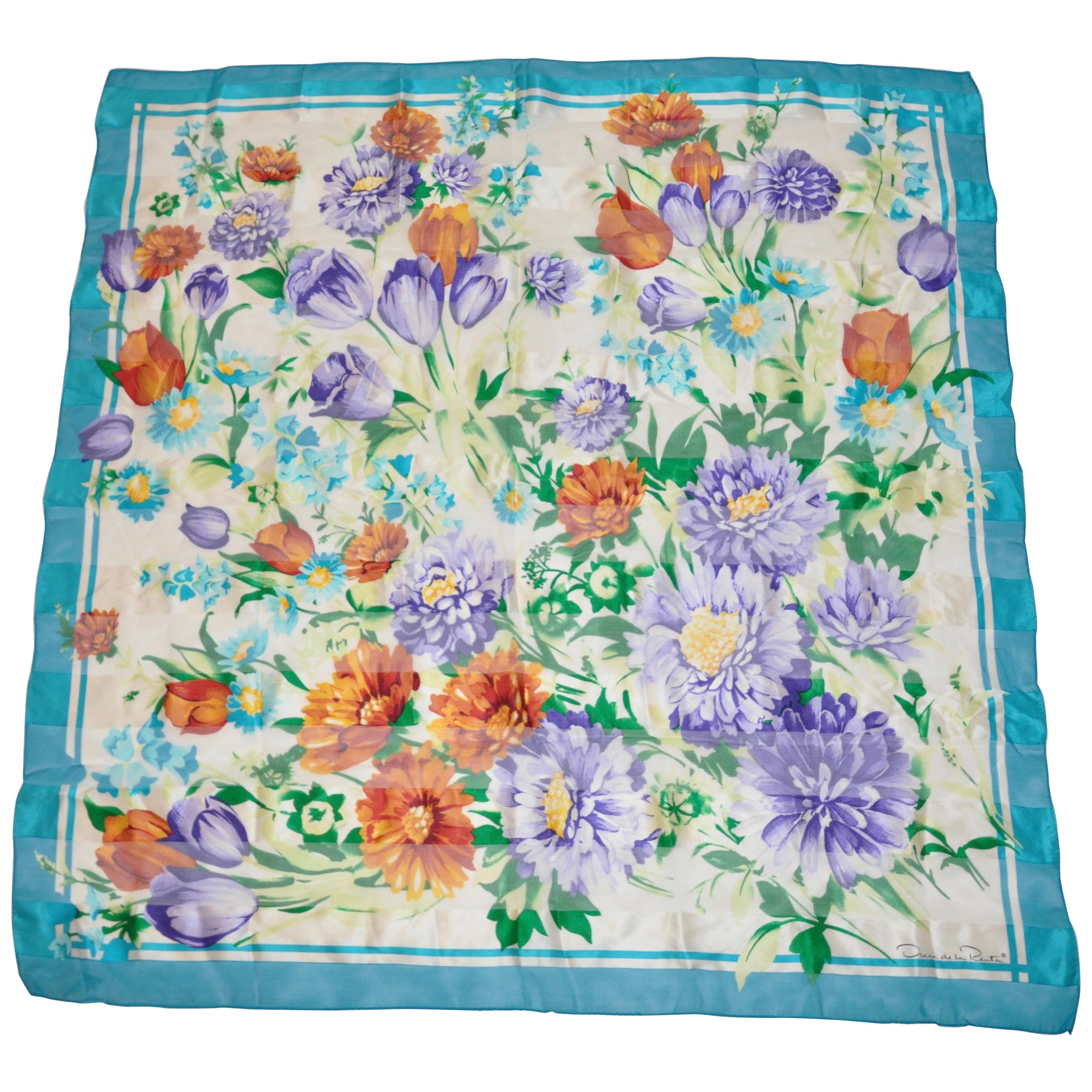 Oscar de la Renta Turquoise Border & "Bursting Floral Bloom" Silk Chiffon Scarf