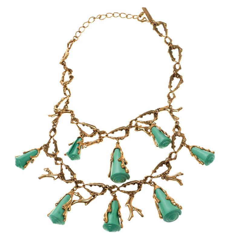 Uncut Oscar de la Renta Turquoise Resin Shell & Gold Tone Coral Two-tier Necklace For Sale