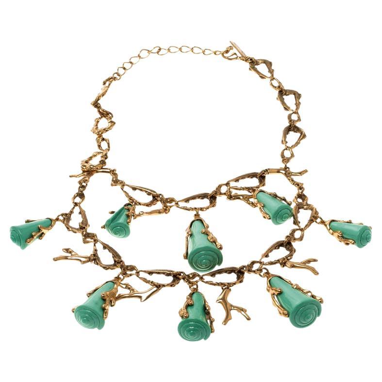 Oscar de la Renta Turquoise Resin Shell & Gold Tone Coral Two-tier Necklace For Sale