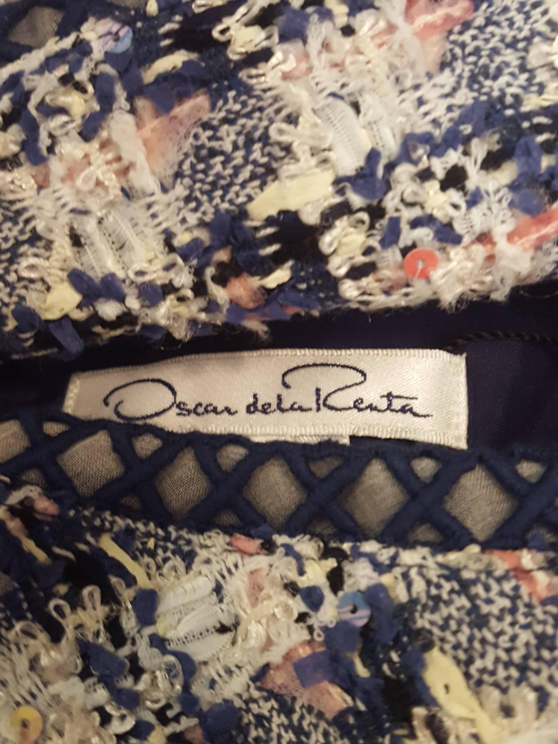 Oscar de la Renta Tweed Blue, Pink & Beige Short Sleeve A Line Dress Size 14 US For Sale 1