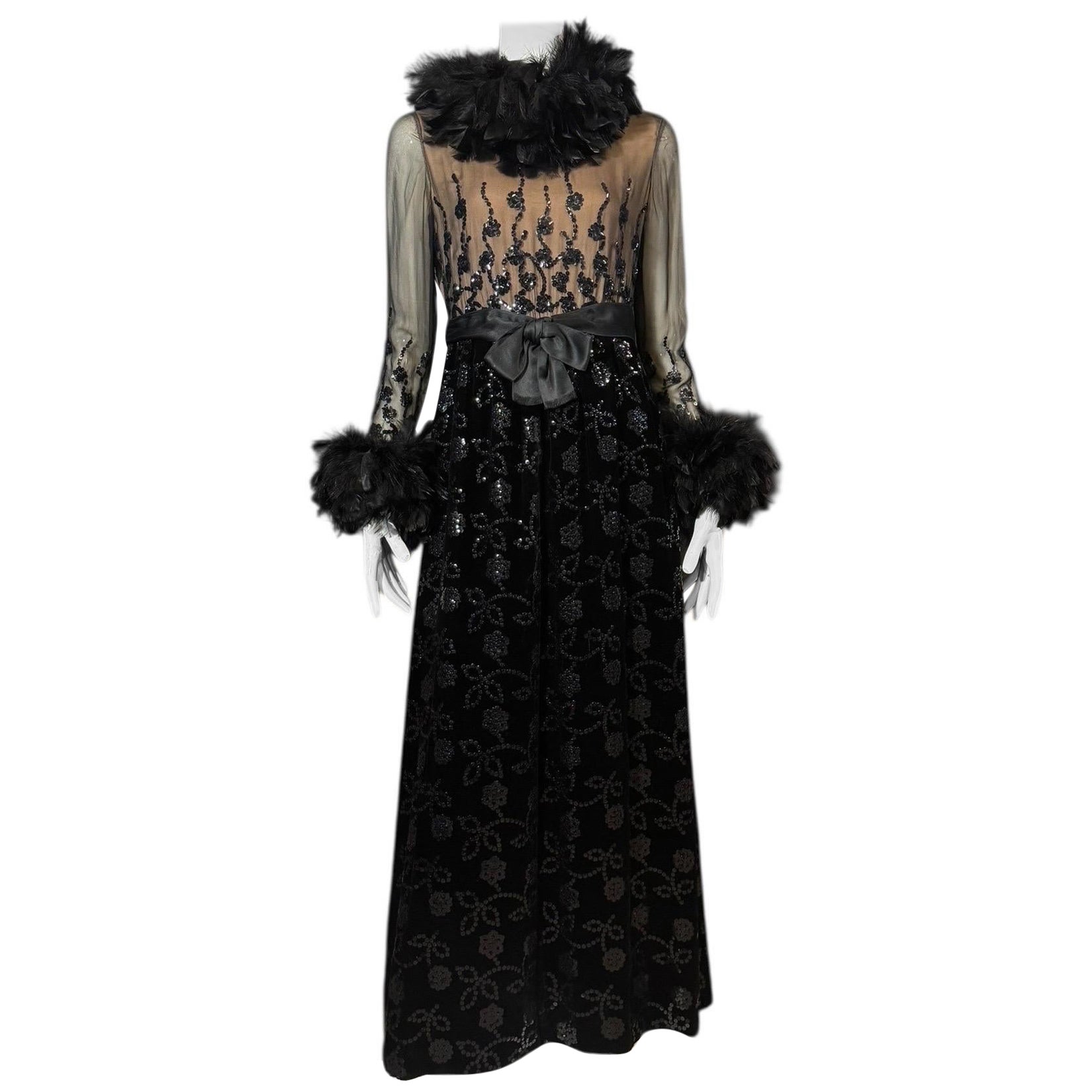 Oscar De La Renta Velvet Couture 1970 Pailletten-Straußenfeder-Kleid (Vogue mag) im Angebot
