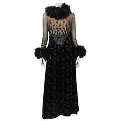 Oscar de la Renta Velvet Couture 1970 Sequin Ostrich Feather Gown (Vogue mag)