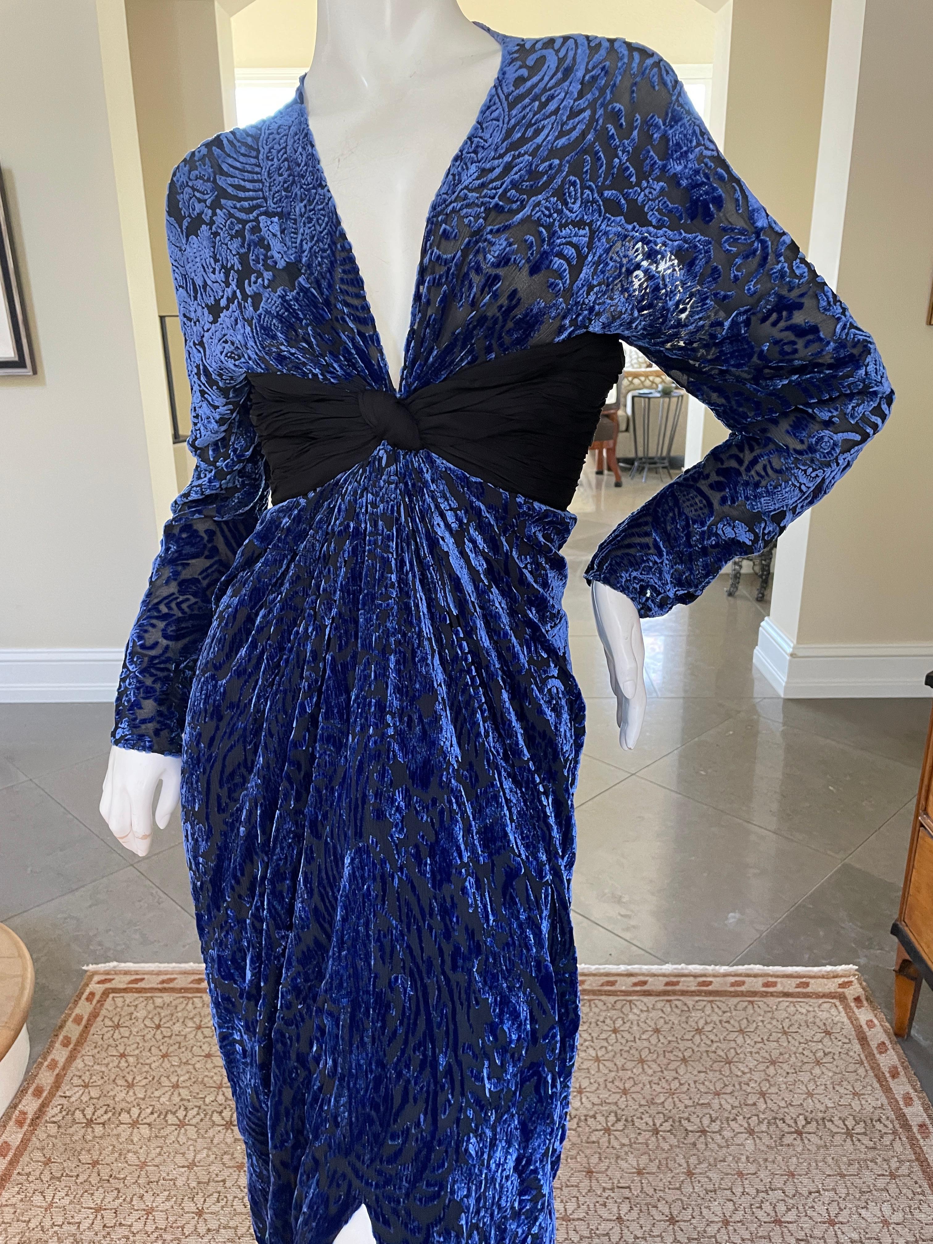 Oscar de la Renta Vintage 1970's Sheer Devore Velvet Plunging Evening Dress  In Excellent Condition For Sale In Cloverdale, CA