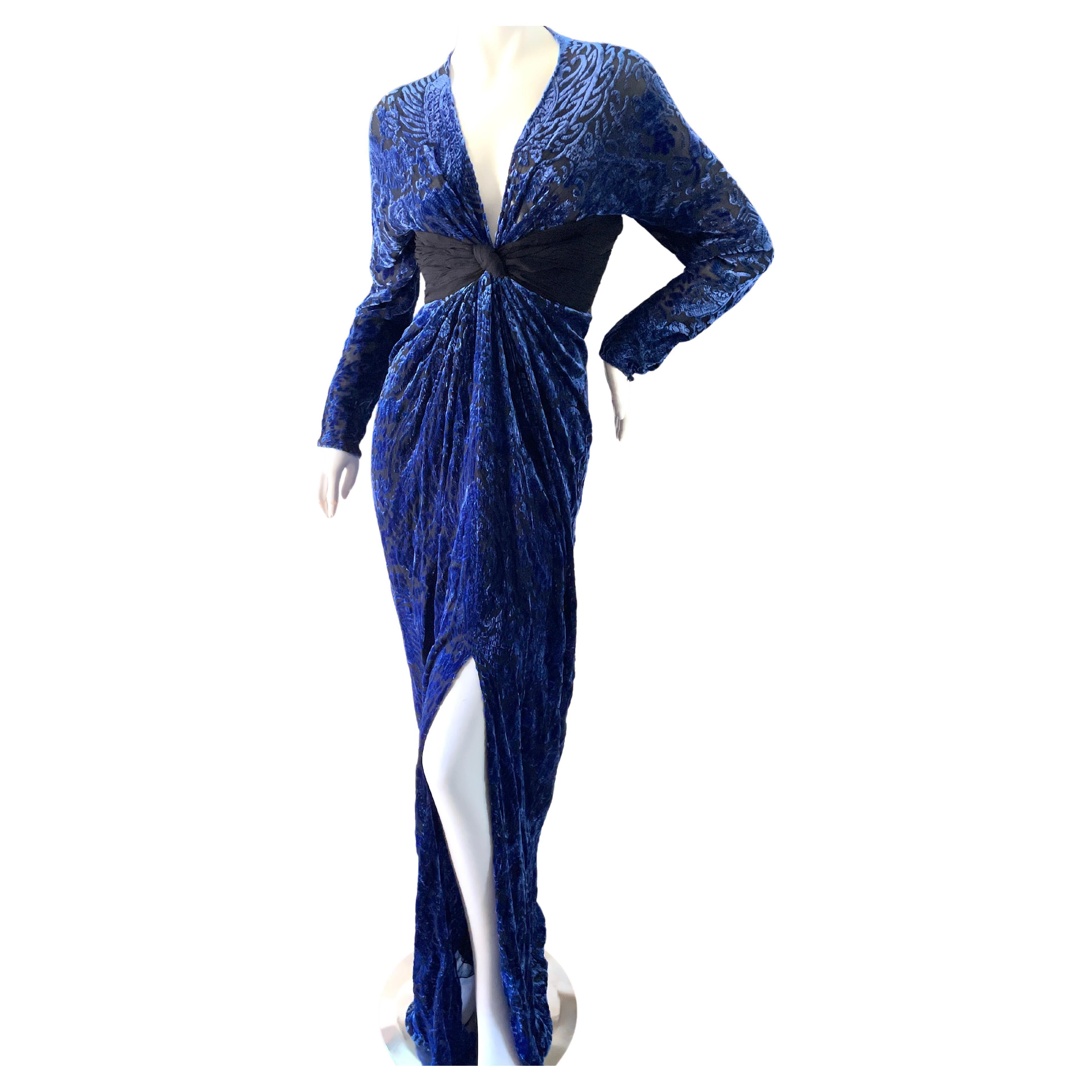 Oscar de la Renta Vintage 1970's Sheer Devore Velvet Plunging Evening Dress  For Sale