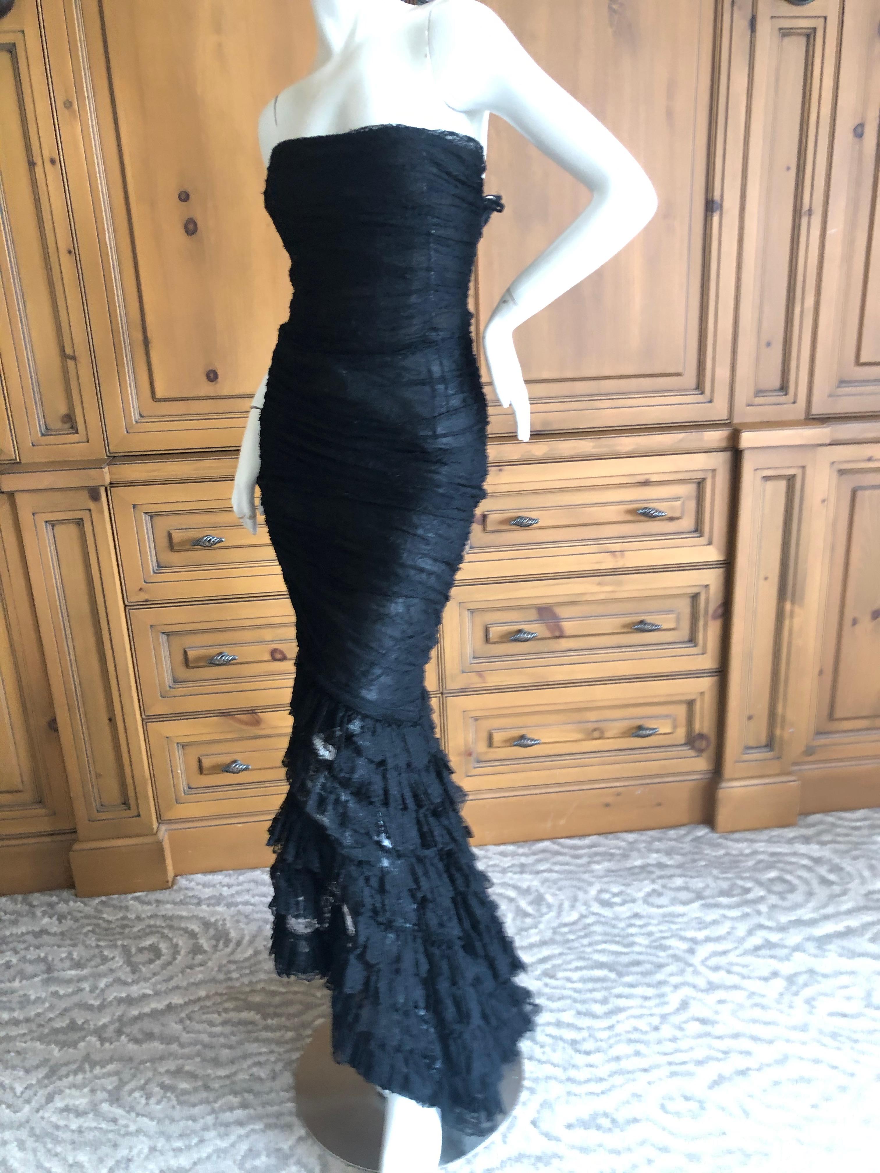  Oscar de la Renta Vintage 1980's Black Lace Evening Dress with Flamenco Ruffles For Sale 6