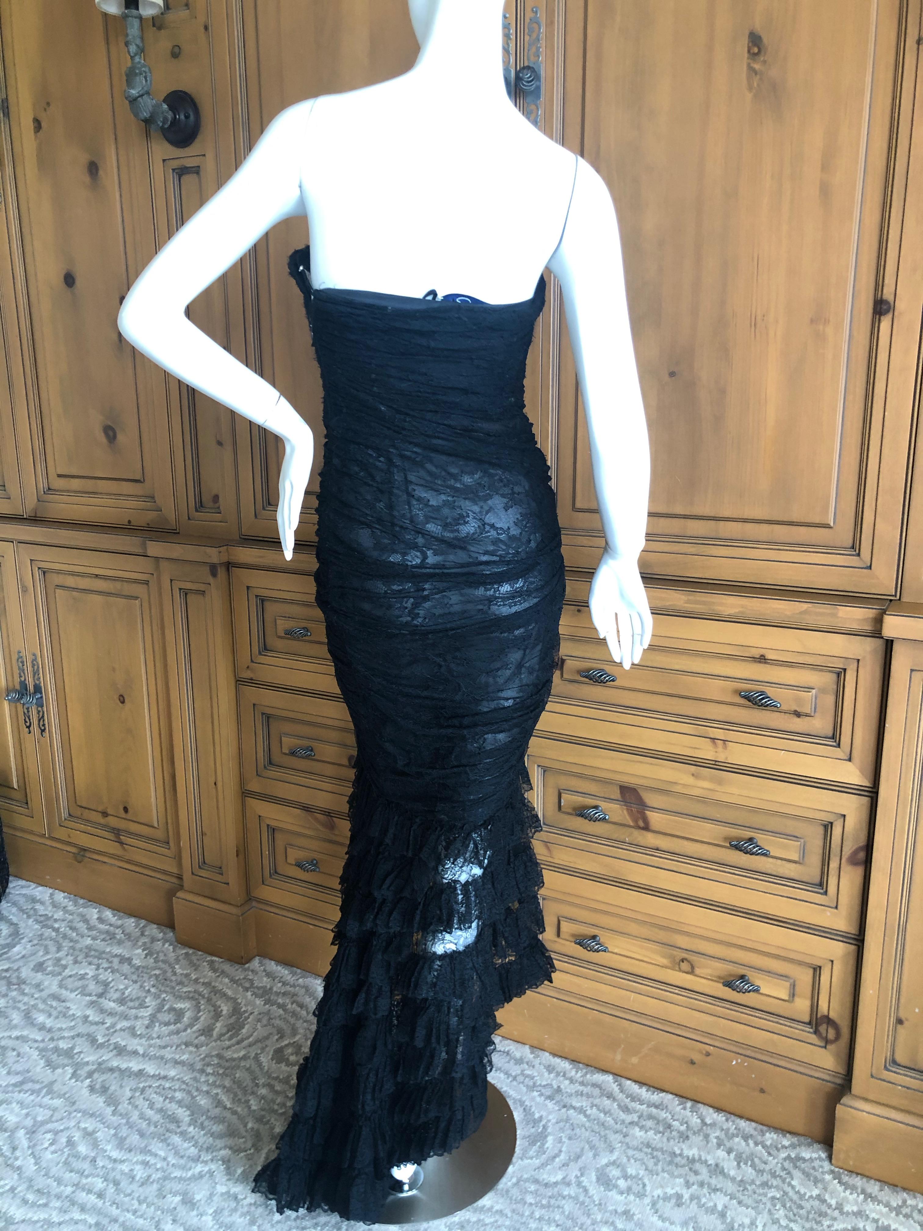  Oscar de la Renta Vintage 1980's Black Lace Evening Dress with Flamenco Ruffles For Sale 1