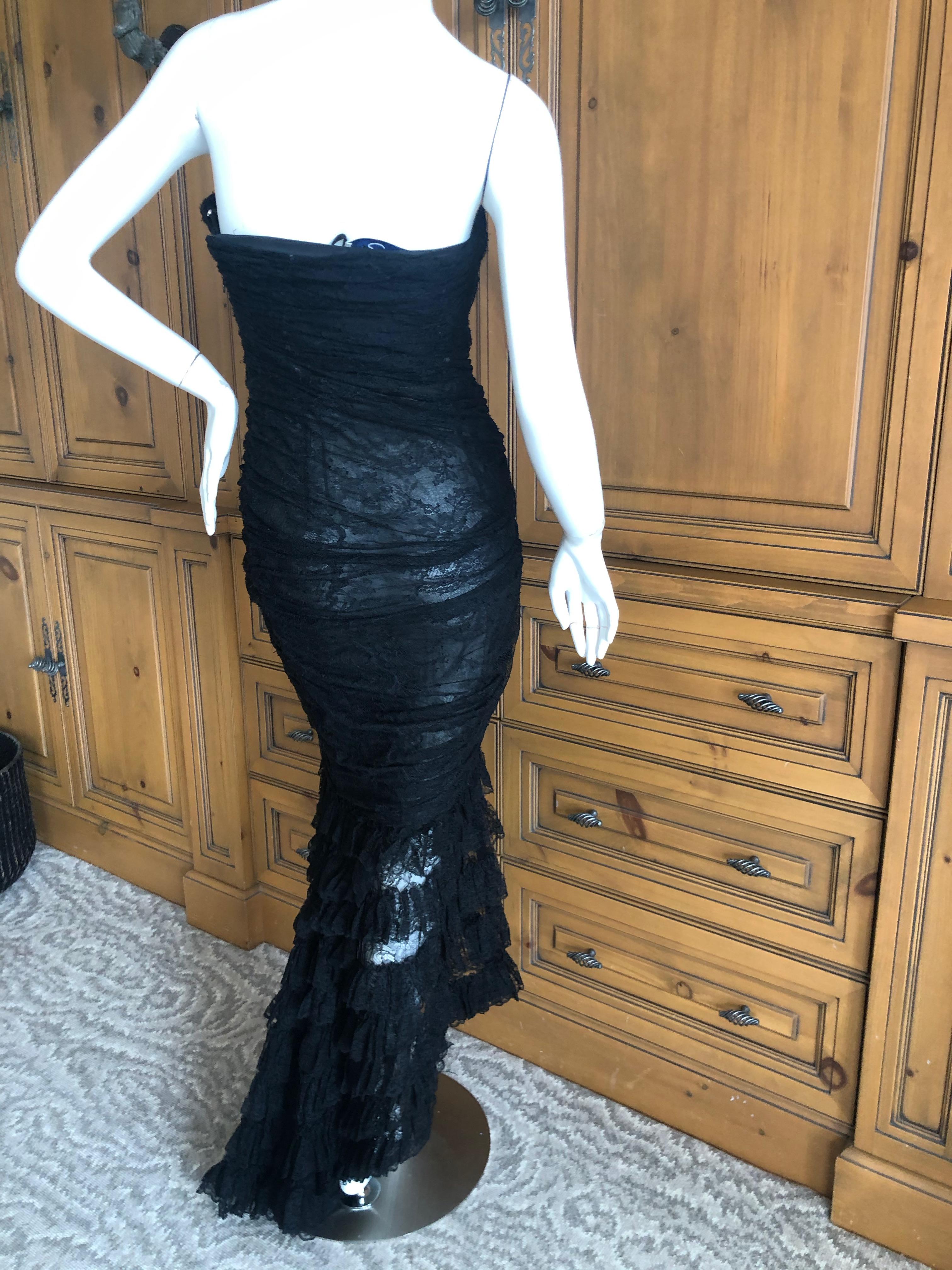  Oscar de la Renta Vintage 1980's Black Lace Evening Dress with Flamenco Ruffles For Sale 2