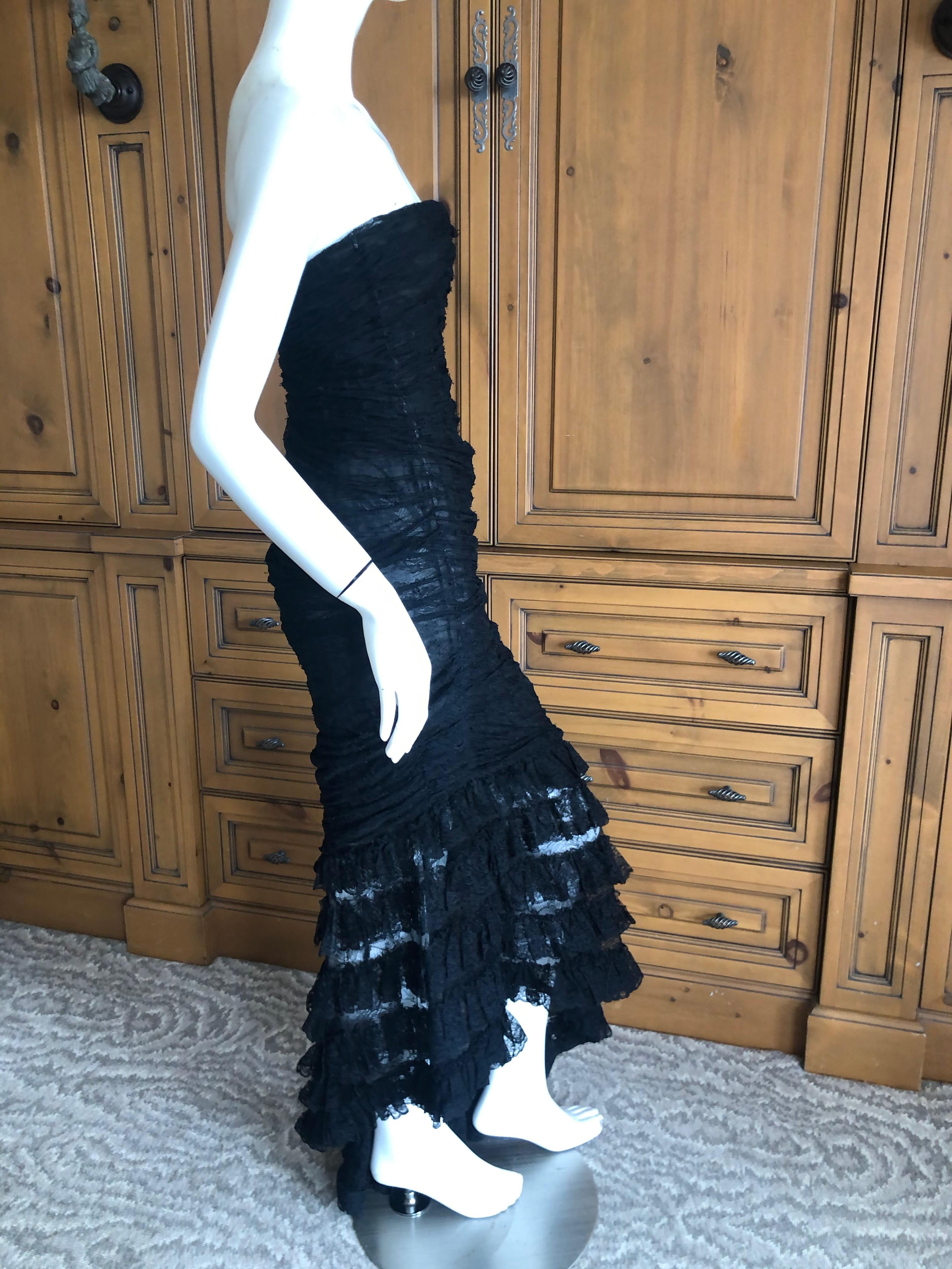  Oscar de la Renta Vintage 1980's Black Lace Evening Dress with Flamenco Ruffles For Sale 3
