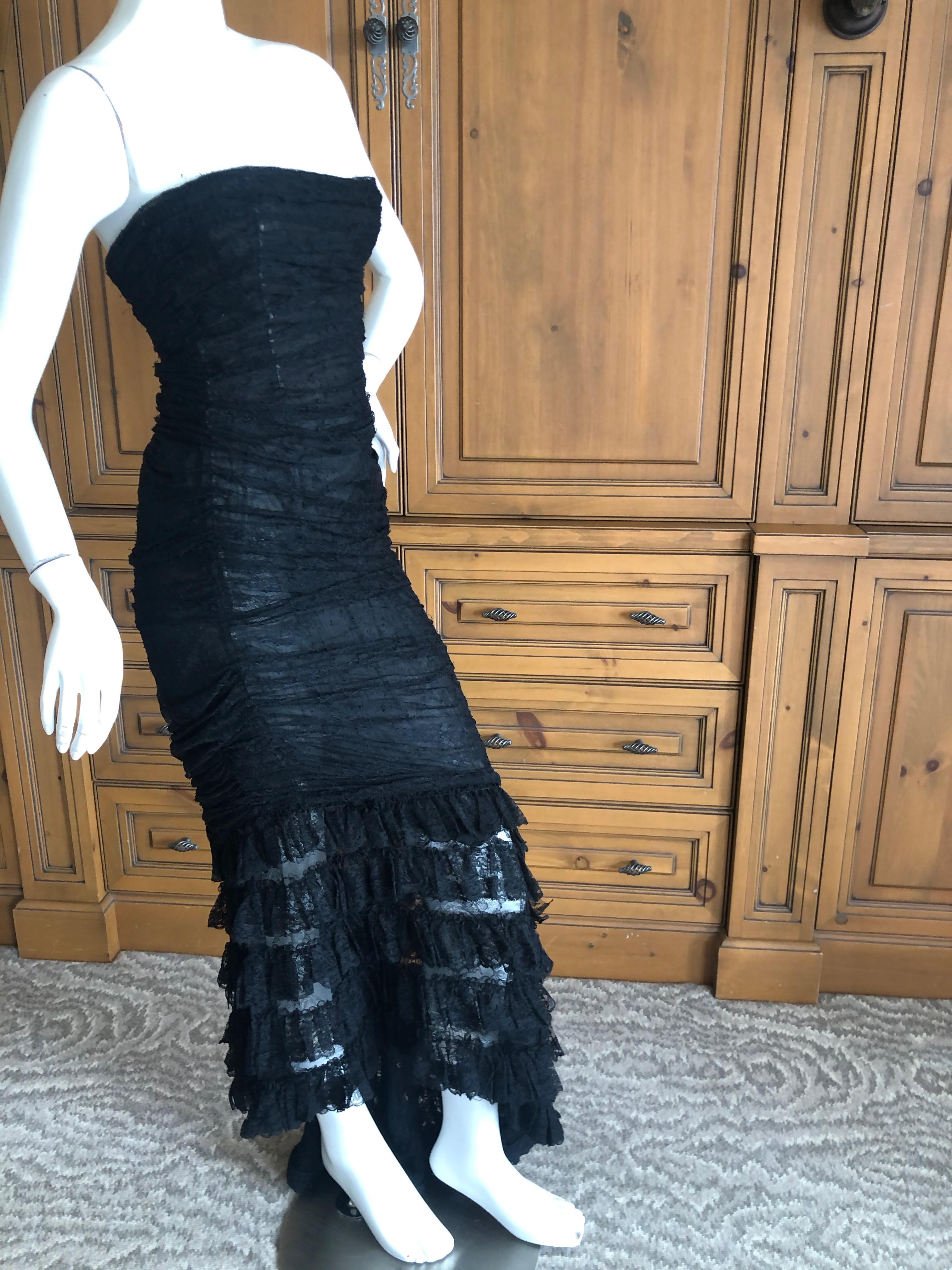  Oscar de la Renta Vintage 1980's Black Lace Evening Dress with Flamenco Ruffles For Sale 4