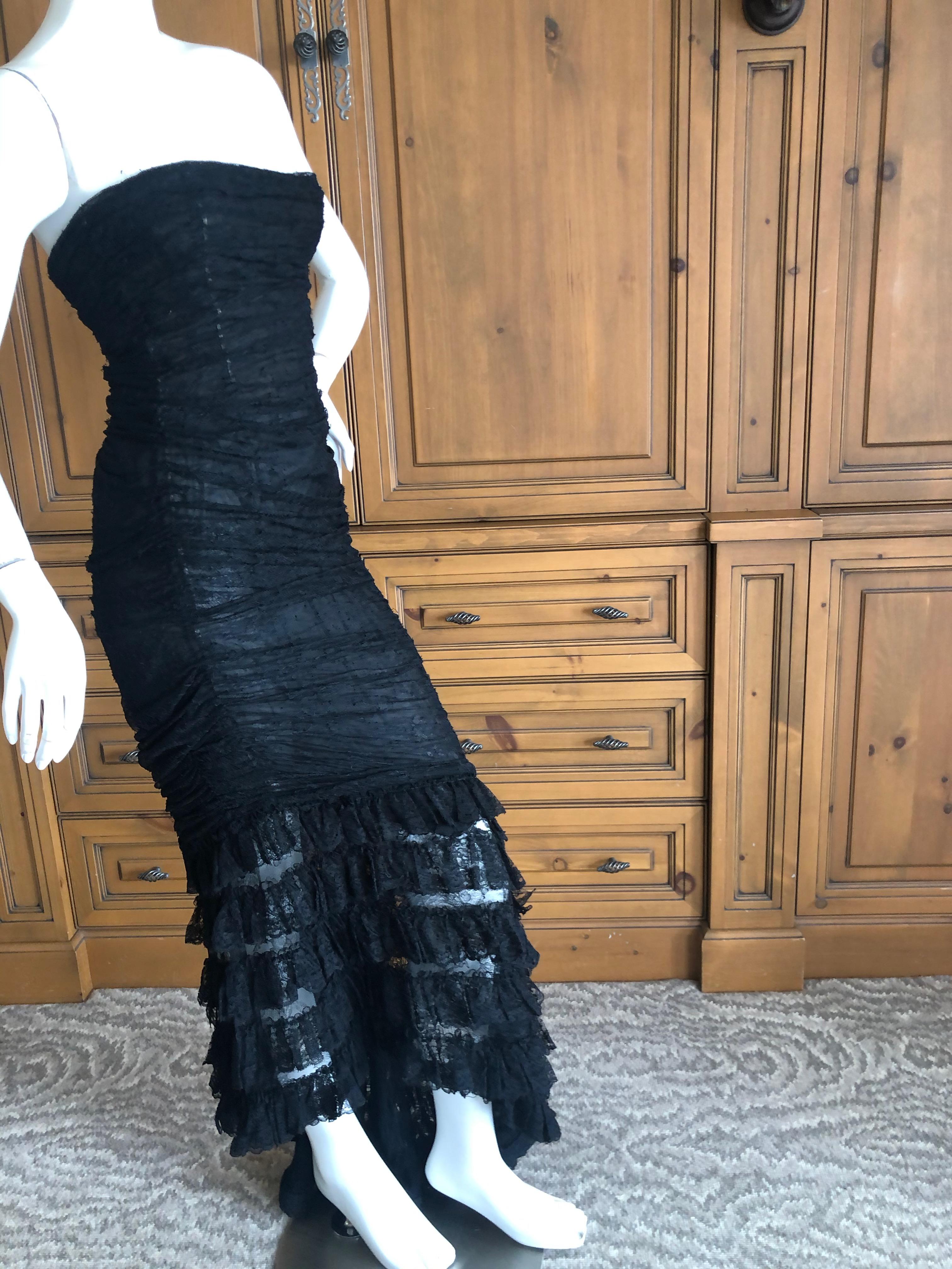  Oscar de la Renta Vintage 1980's Black Lace Evening Dress with Flamenco Ruffles For Sale 5