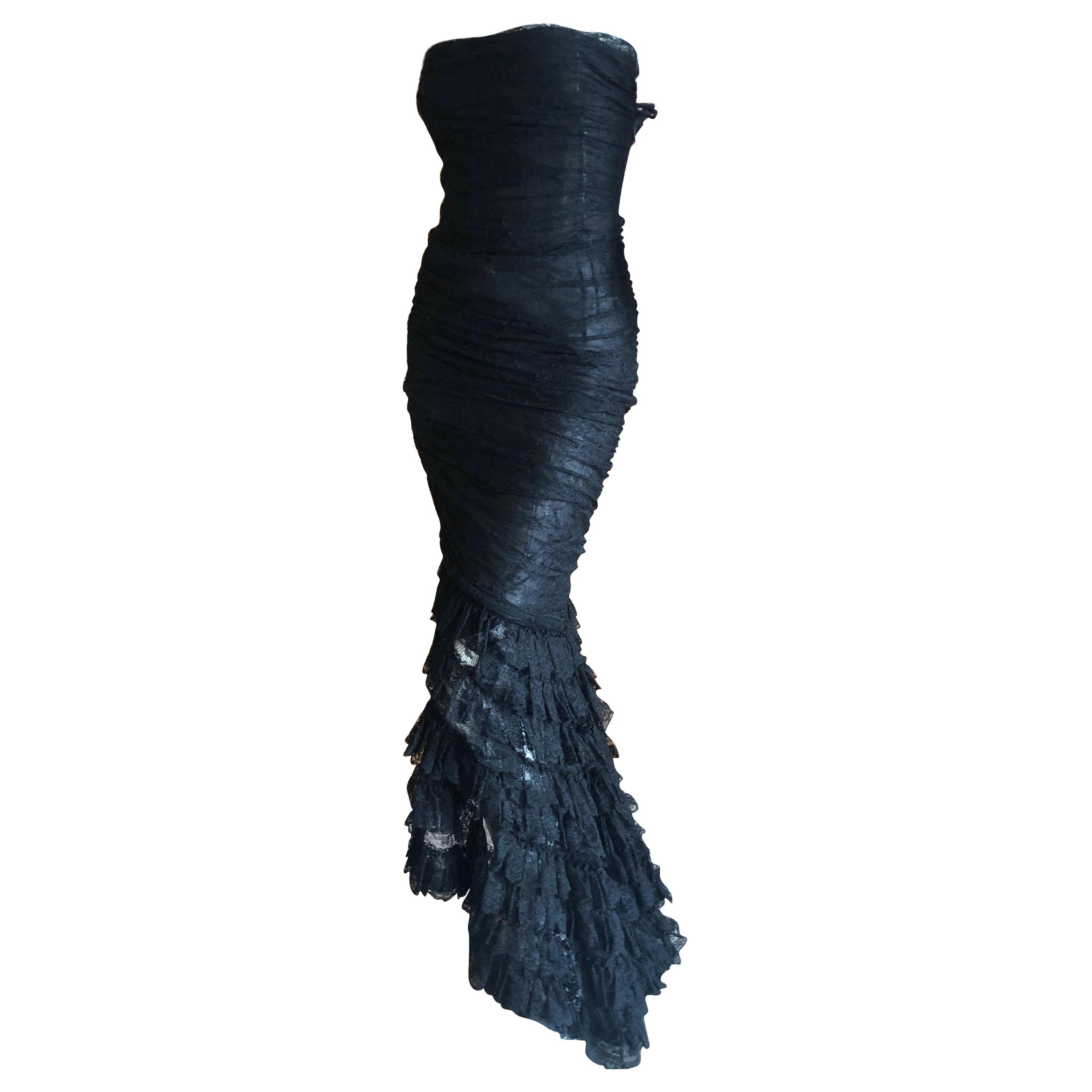  Oscar de la Renta Vintage 1980's Black Lace Evening Dress with Flamenco Ruffles For Sale