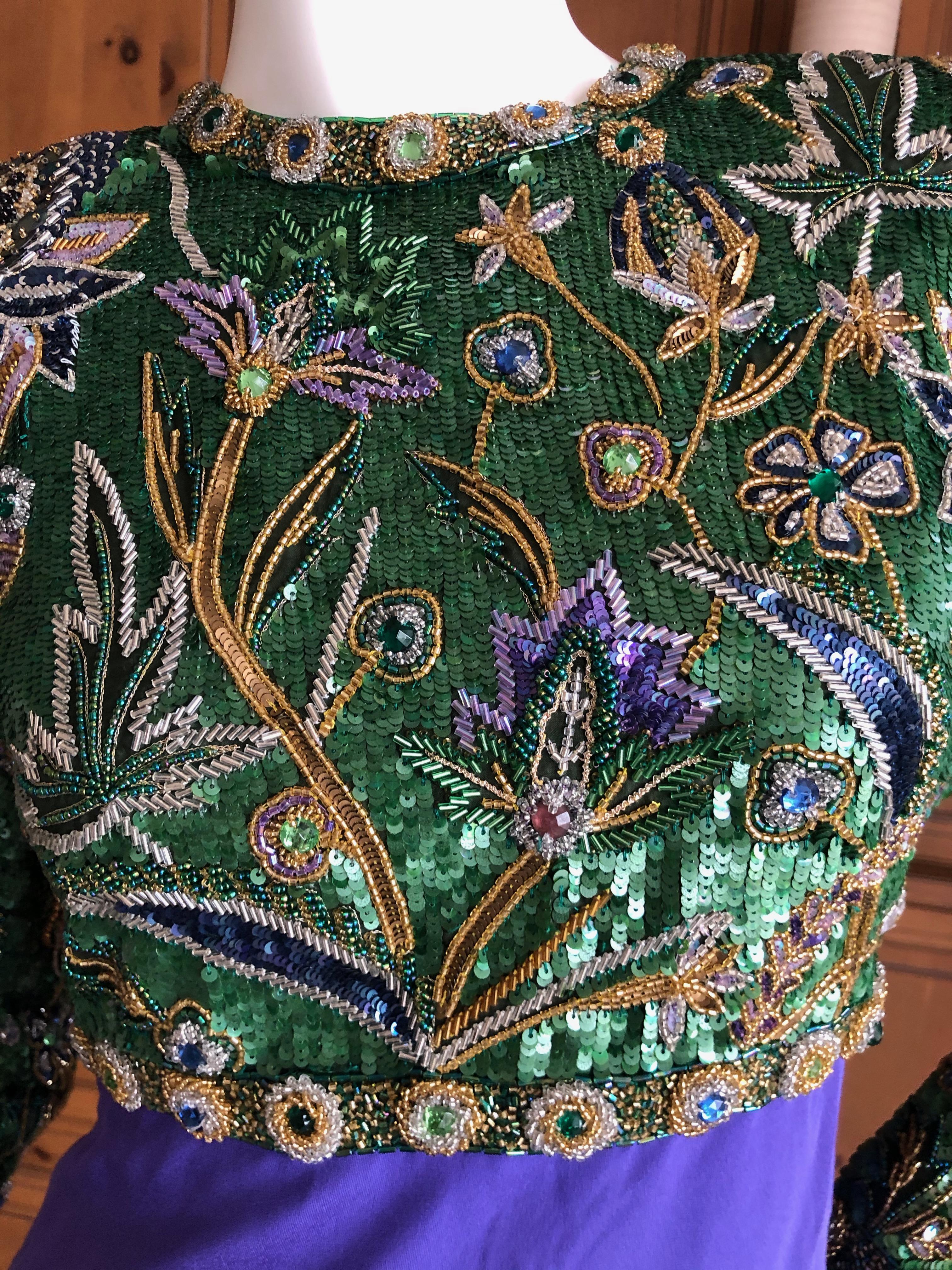 Purple Oscar de la Renta Vintage 1980's Floral Bead & Sequin Dress with Keyhole Back