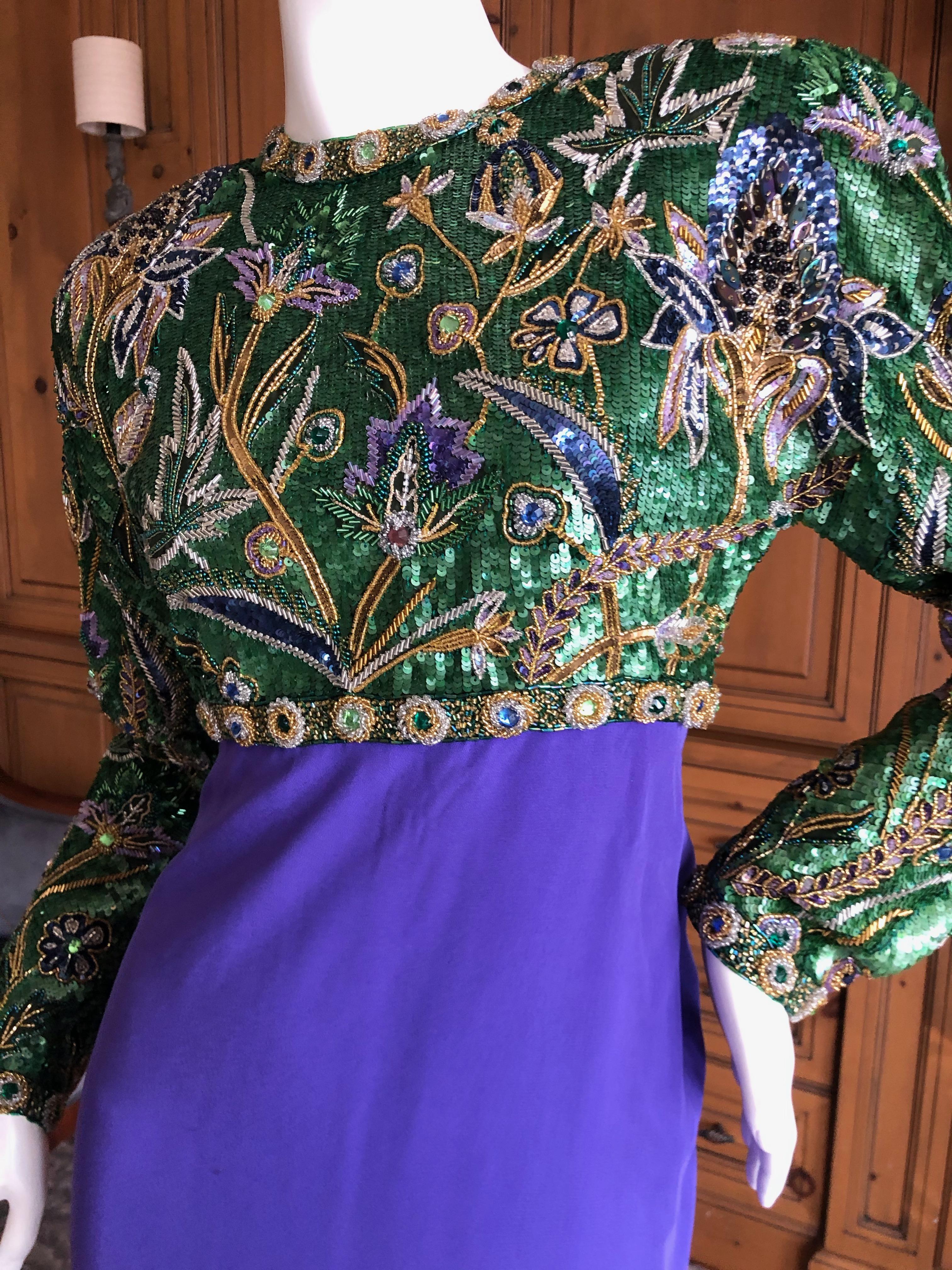 Oscar de la Renta Vintage 1980's Floral Bead & Sequin Dress with Keyhole Back 3