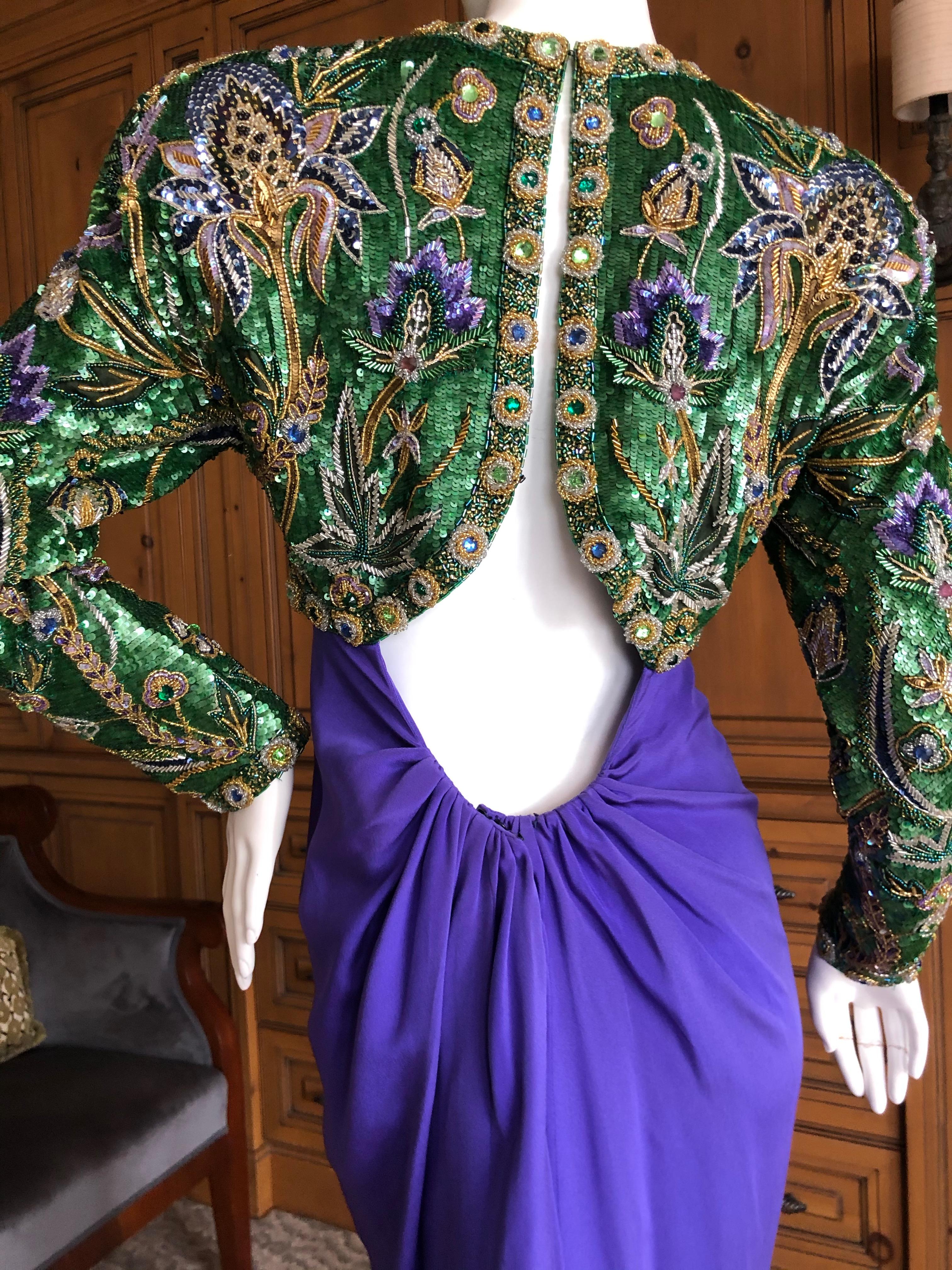 Oscar de la Renta Vintage 1980's Floral Bead & Sequin Dress with Keyhole Back 4