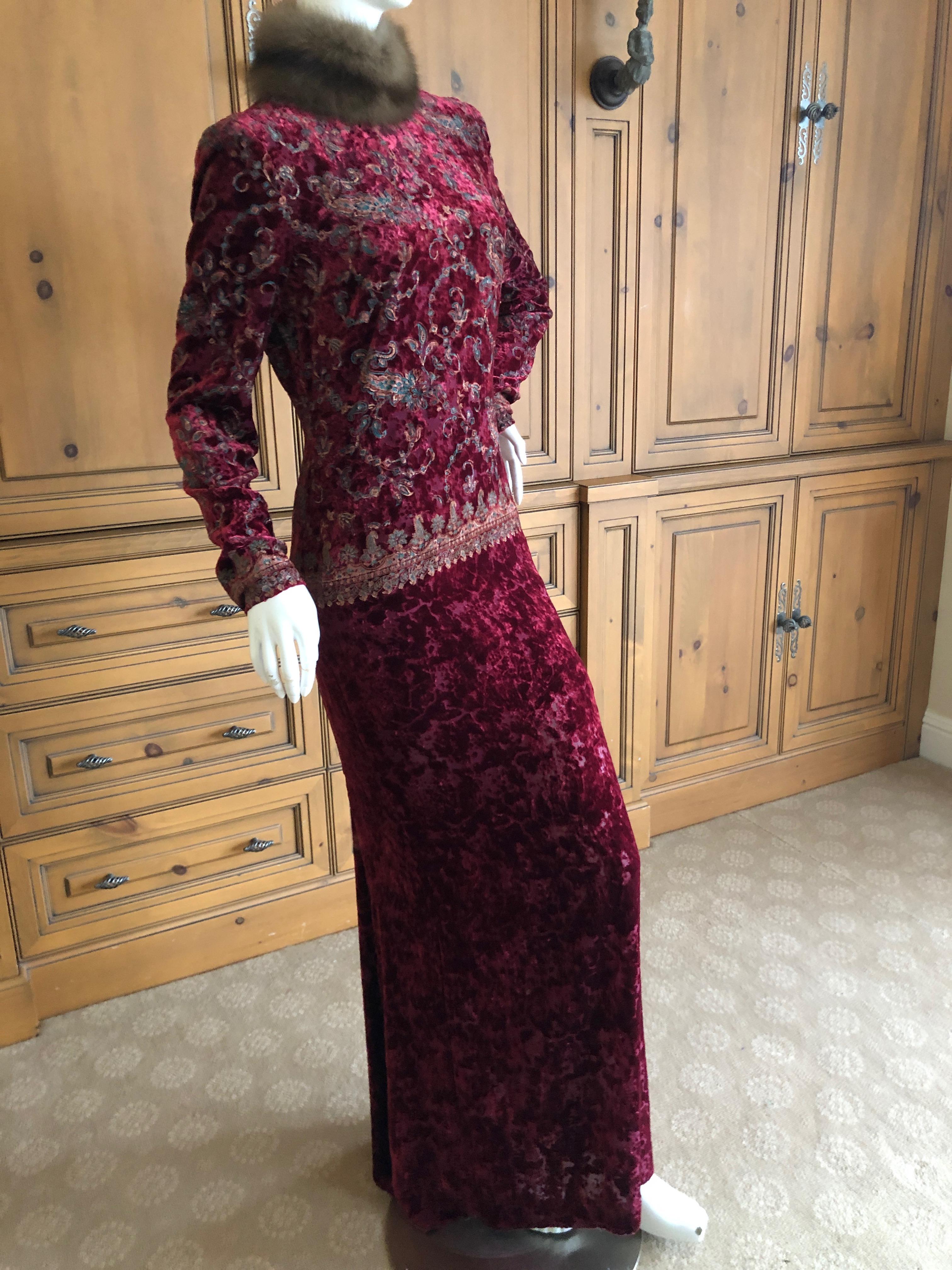 Brown Oscar de la Renta Vintage 1980's Gold on Red Velvet Column Dress w Sable Collar For Sale