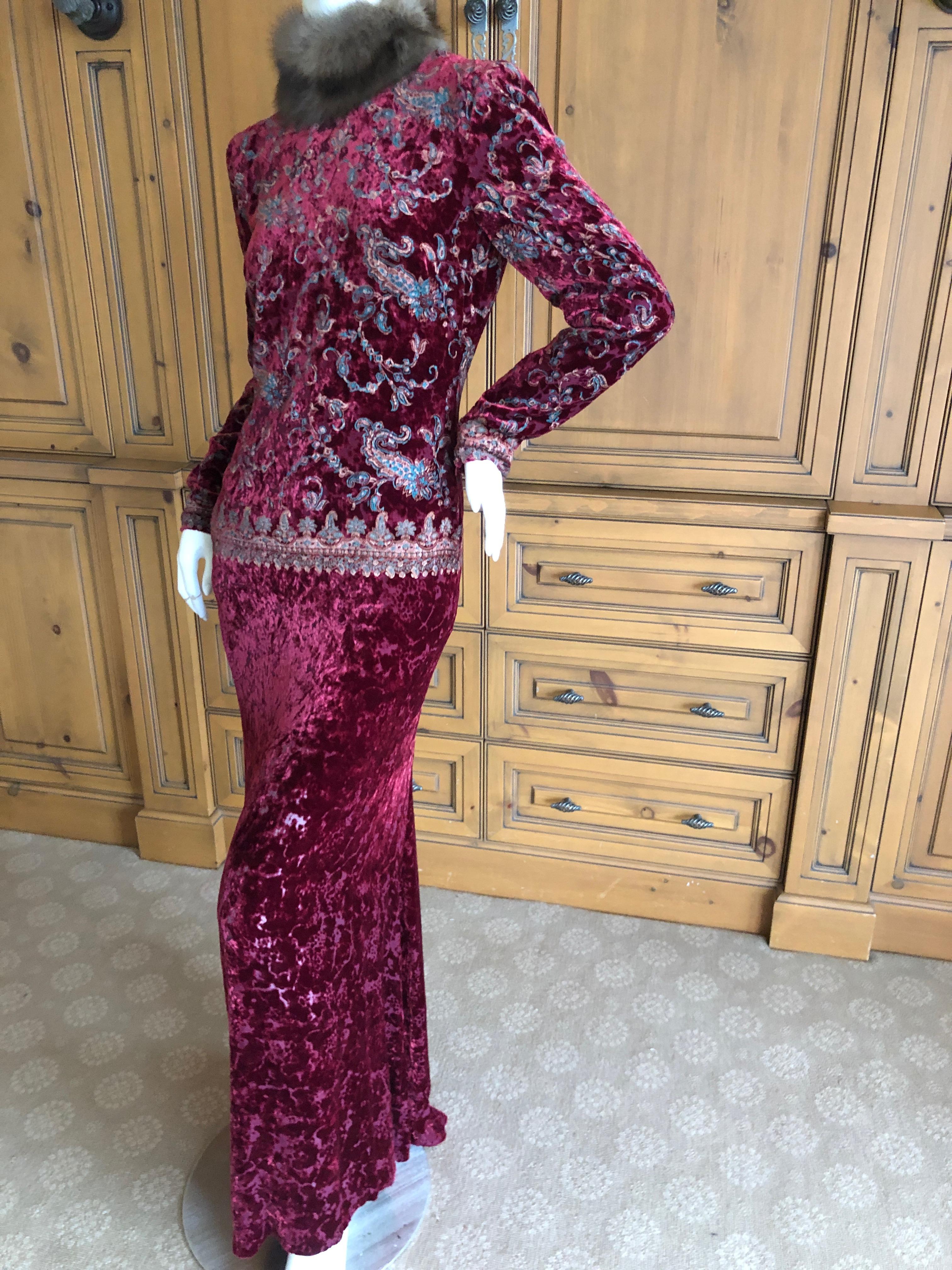 Oscar de la Renta Vintage 1980's Gold on Red Velvet Column Dress w Sable Collar For Sale 1