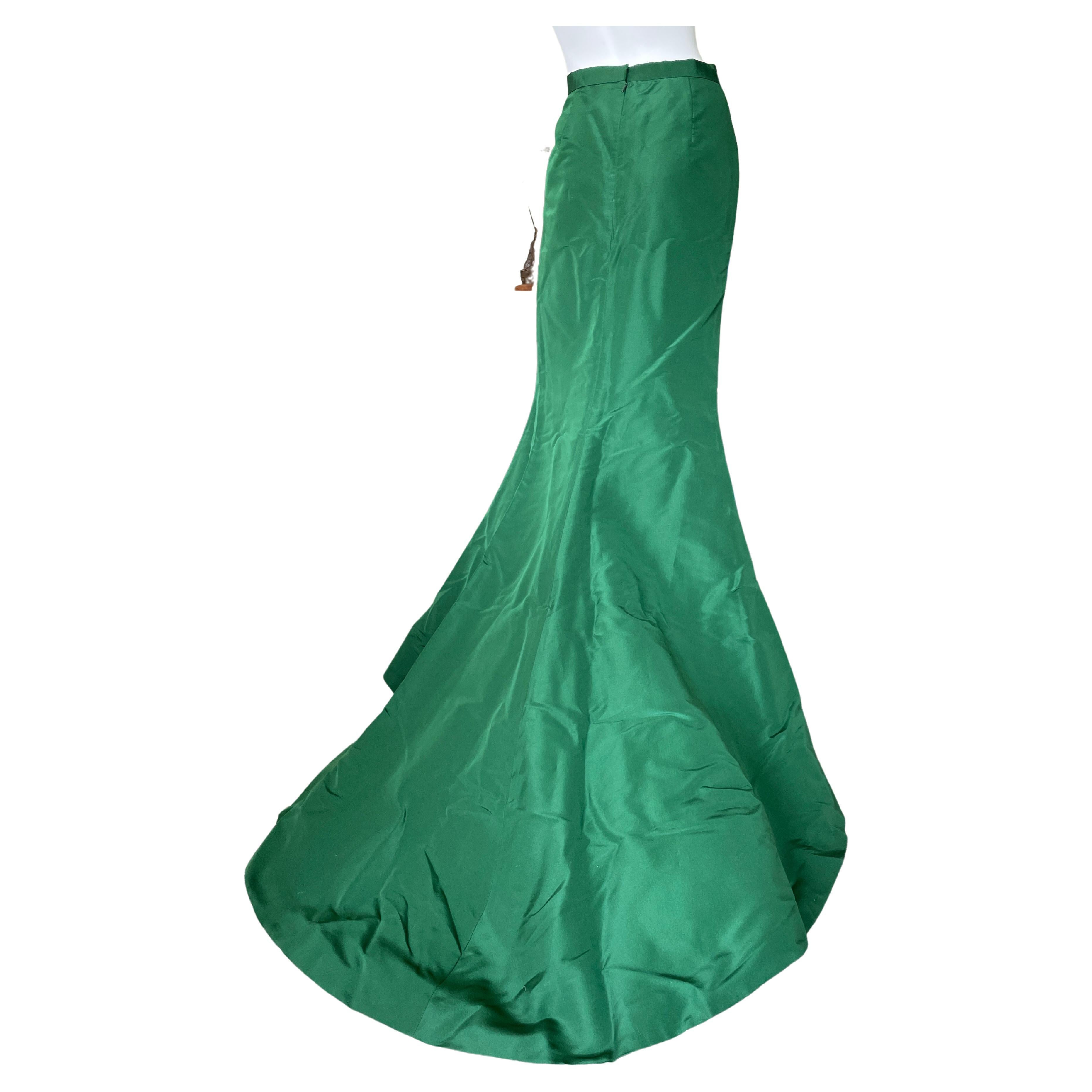 Oscar de la Renta Vintage 1980's Green Silk Taffeta Ball Skirt w Fishtail Train For Sale