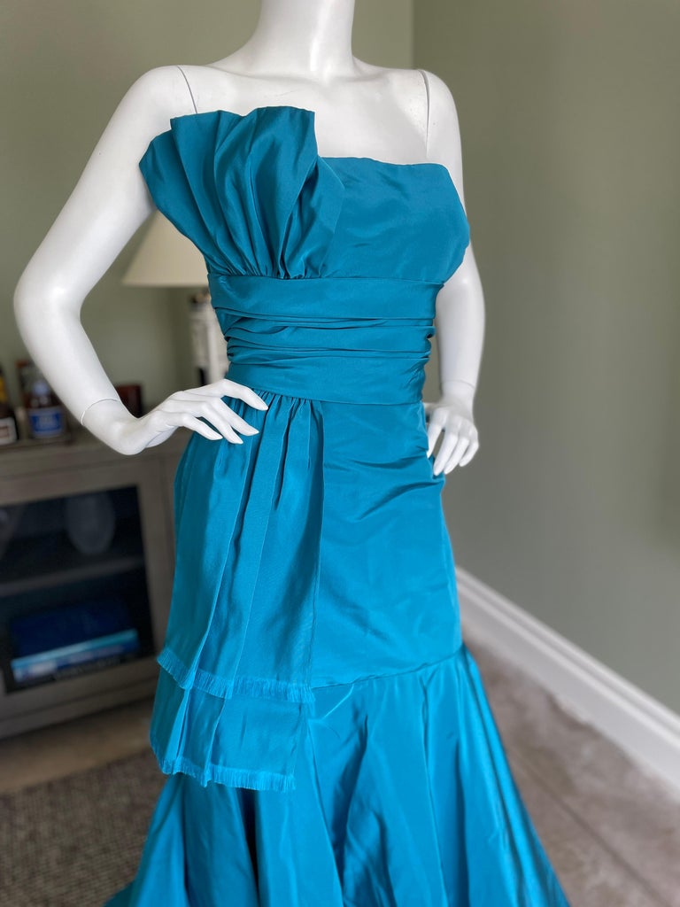 Women's Oscar de la Renta Vintage 1990's Strapless Blue Taffeta Mermaid Dress with Train For Sale