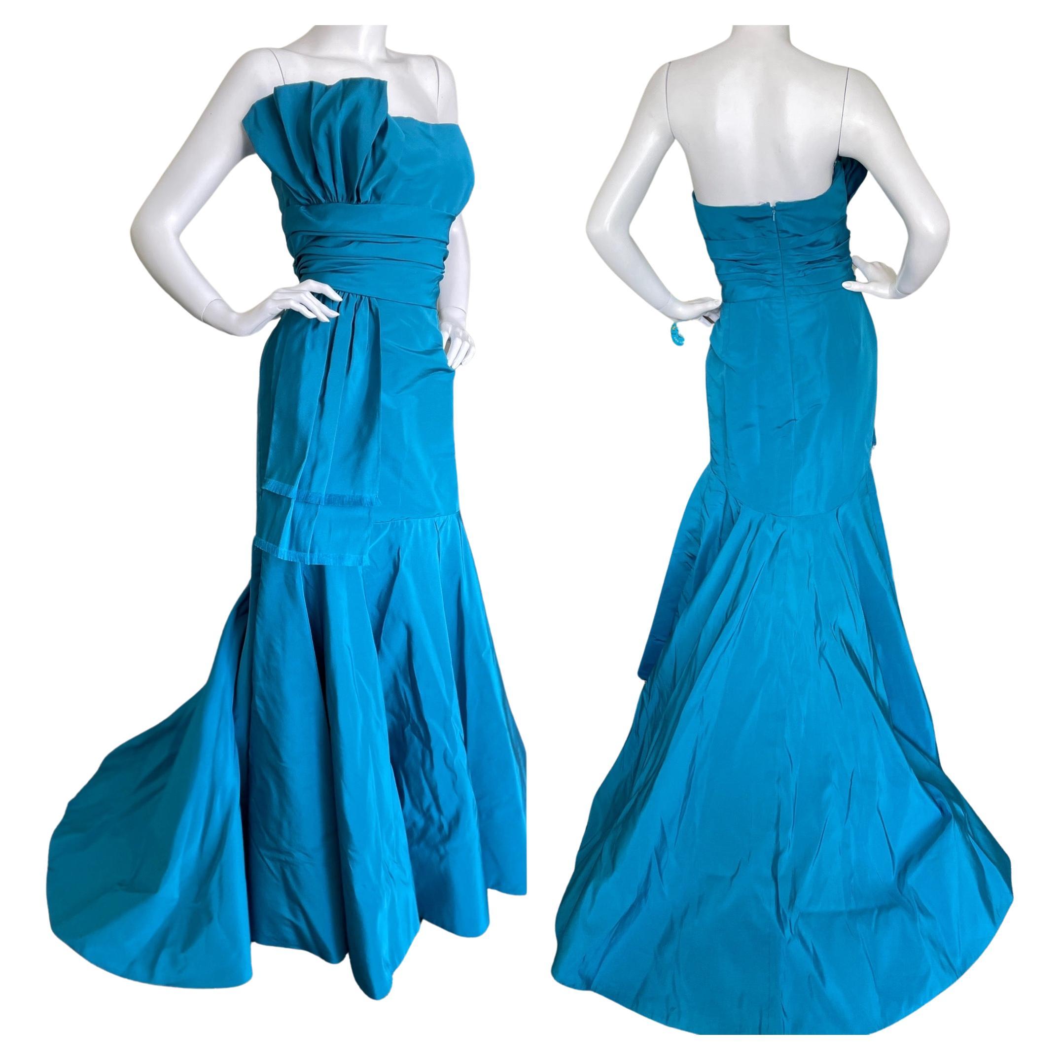 Oscar de la Renta Vintage 1990's Strapless Blue Taffeta Mermaid Dress with Train For Sale
