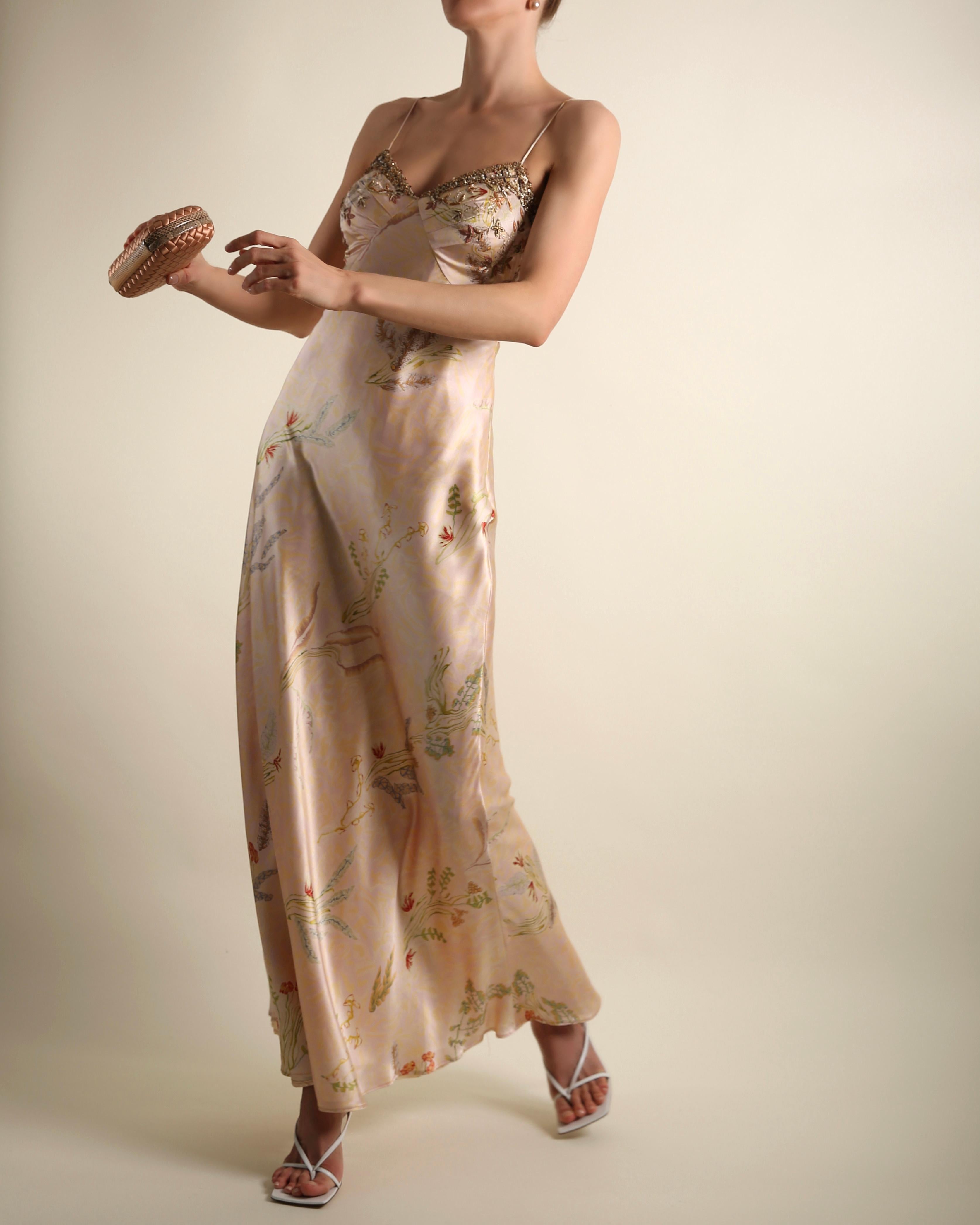 Oscar de la Renta vintage 1998 pink floral embellished silk slip maxi dress gown In Good Condition In Paris, FR