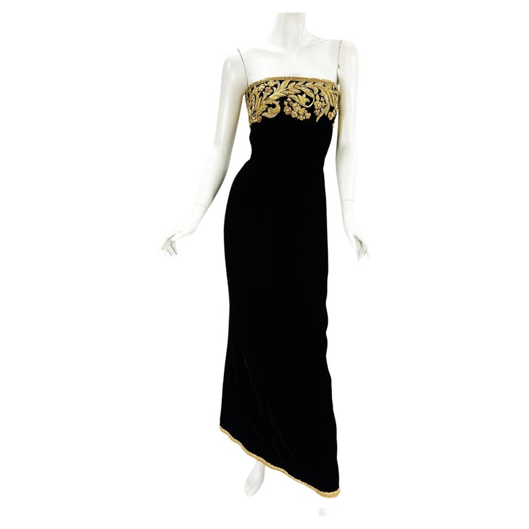 New Oscar De La Renta Vintage 80's Velvet Gold Embellished Maxi Dress Gown  US 6