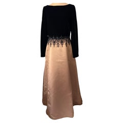 Oscar de la Renta Vintage 90s Formal Dress Champagne Gold Black Lace Long Sleeve