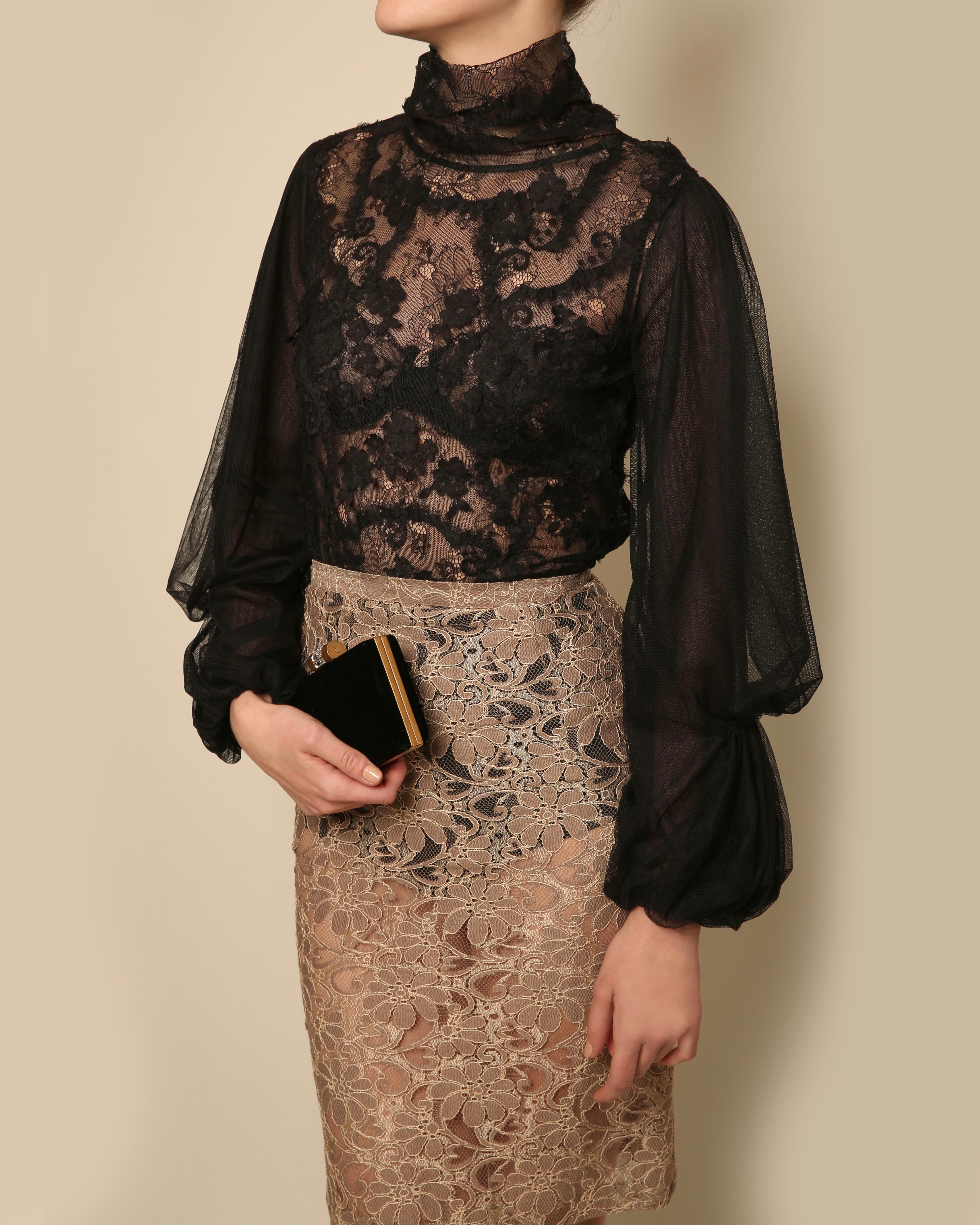 Oscar de la Renta vintage black lace floral sheer turtleneck top dress blouse 1