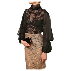 Oscar de la Renta vintage black lace floral sheer turtleneck top dress blouse