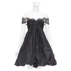 OSCAR DE LA RENTA Vintage black lace trim ruched bow cocktail bubble dress US2 S