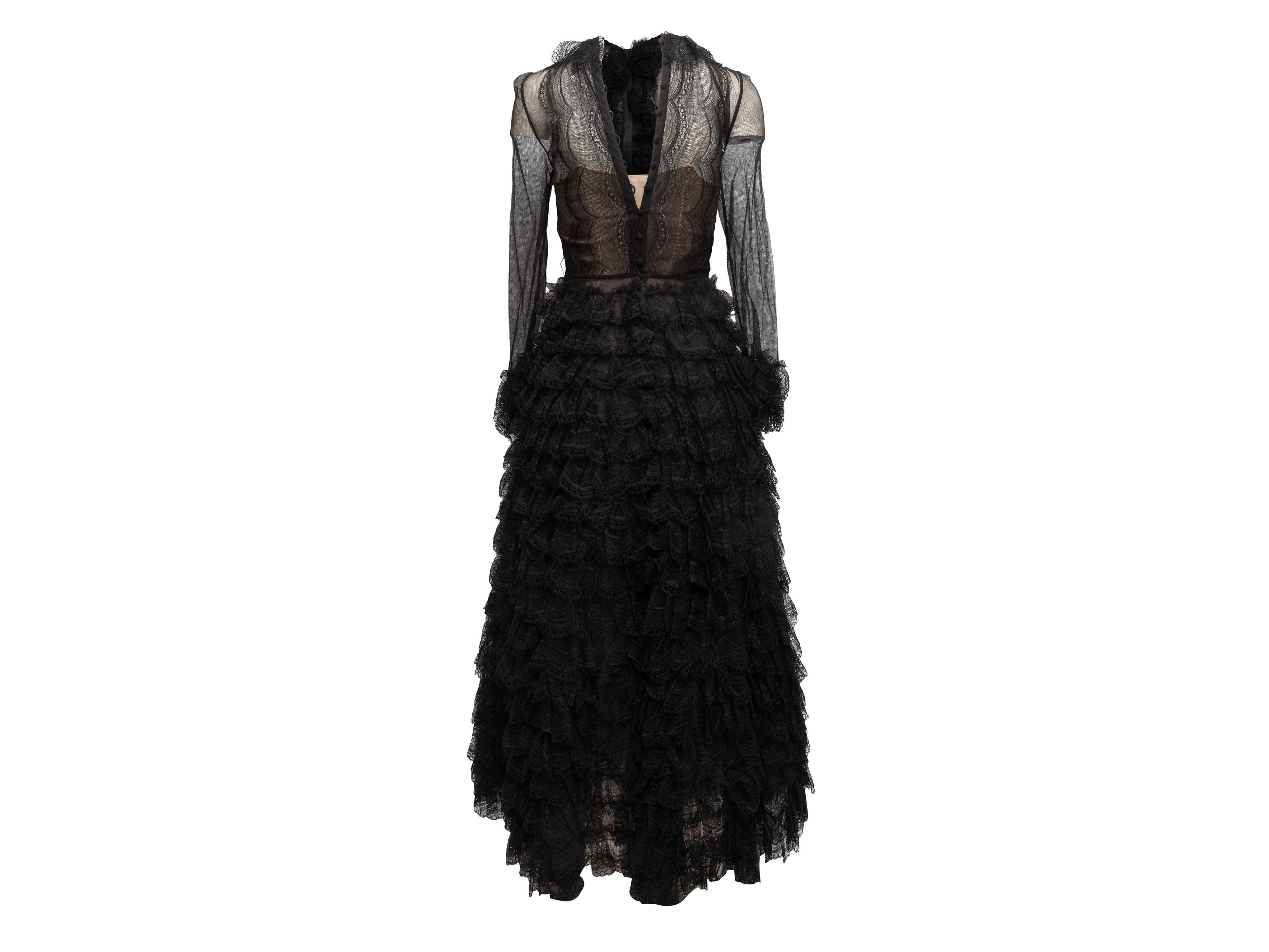 Oscar de la Renta Vintage Black Sheer Tiered Evening Gown In Good Condition For Sale In New York, NY