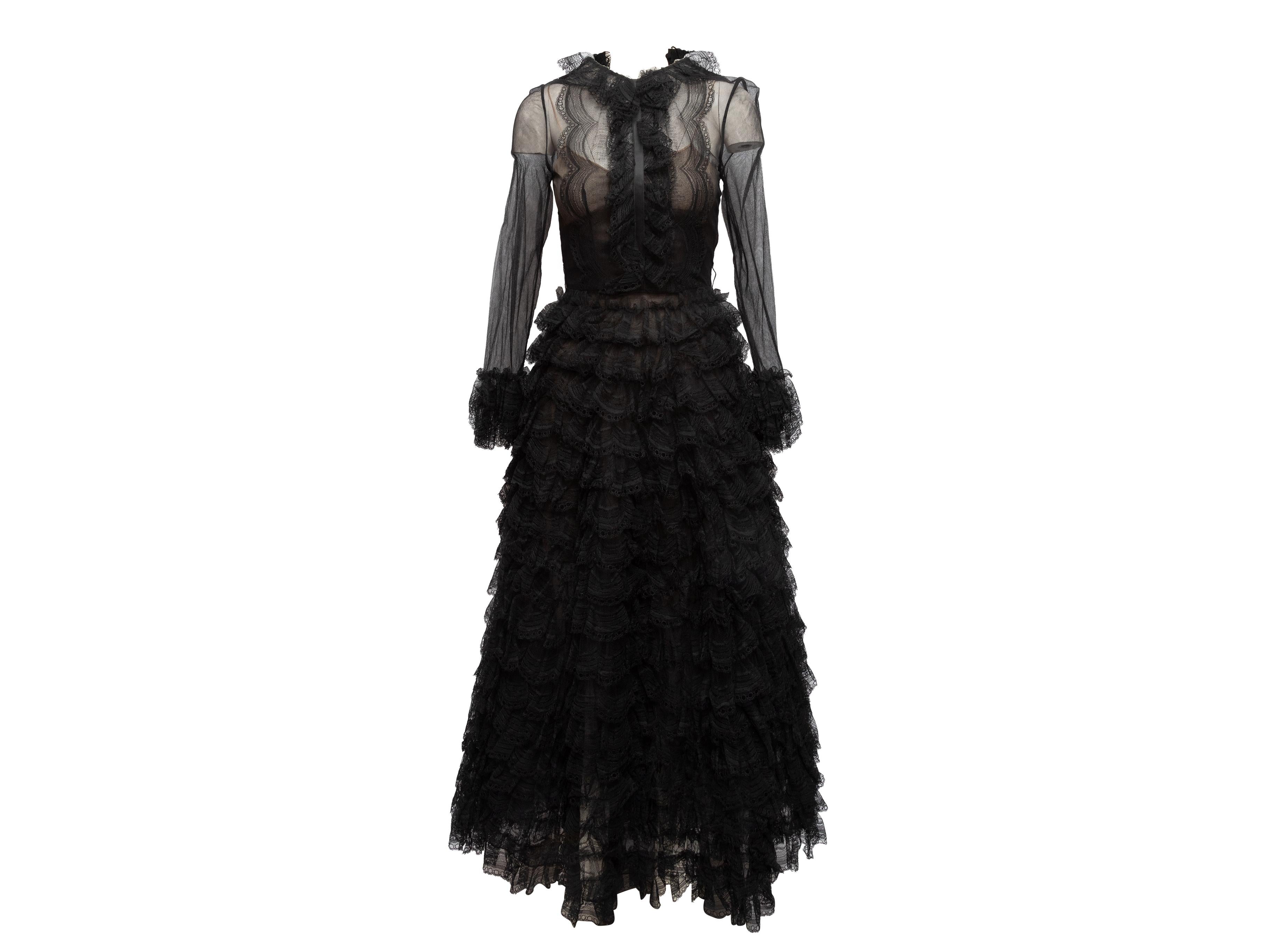 Oscar de la Renta Vintage Black Sheer Tiered Evening Gown For Sale