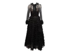 Oscar de la Renta Vintage Black Sheer Tiered Evening Gown