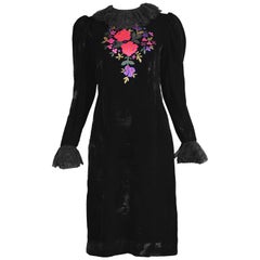 Oscar De La Renta Vintage Black Velvet & Lace Embroidered Party Dress, 1980s