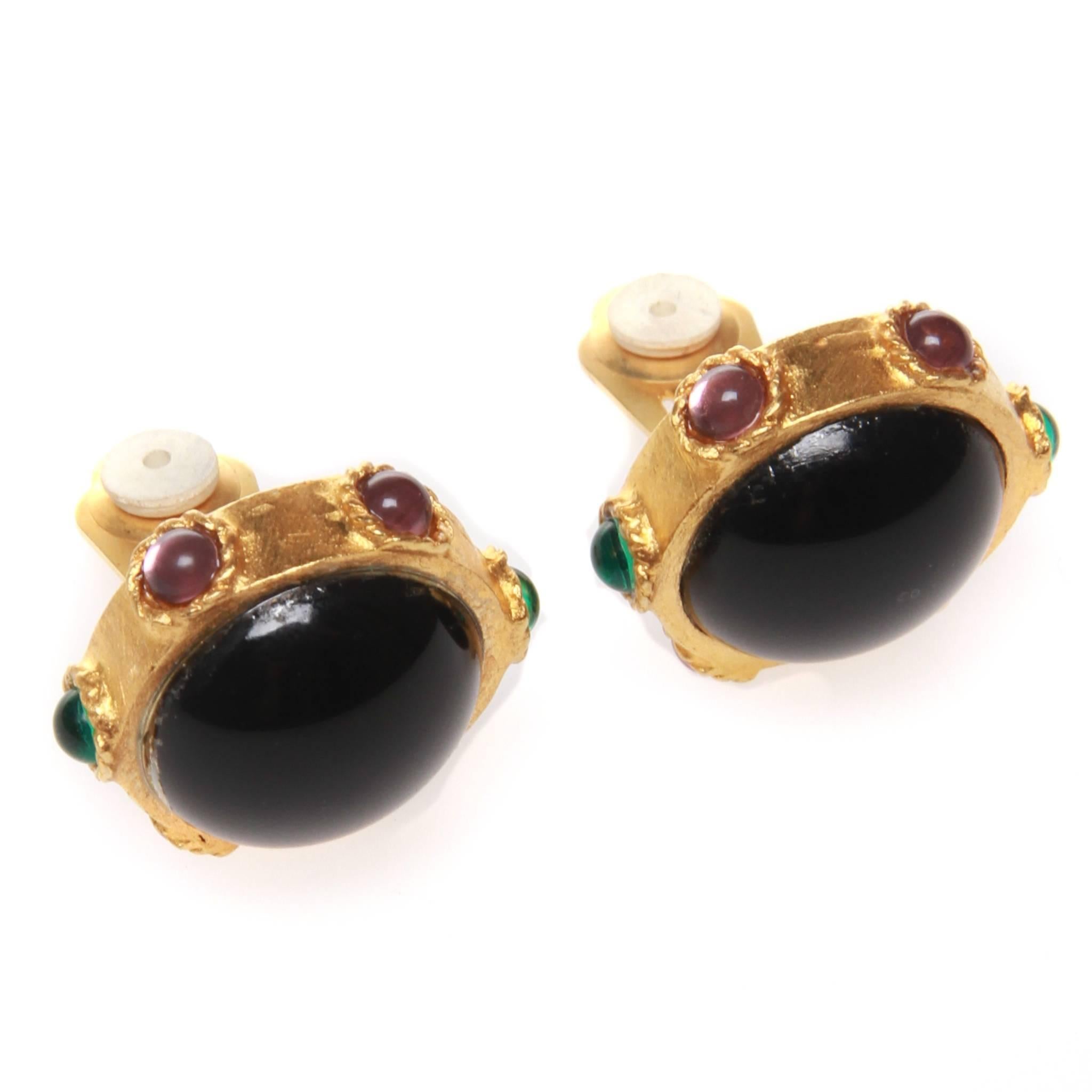 Oscar de la Renta clip-on earrings featuring a circular pattern of coloured glass set in gold-tone metal. OSCAR engraved at back.