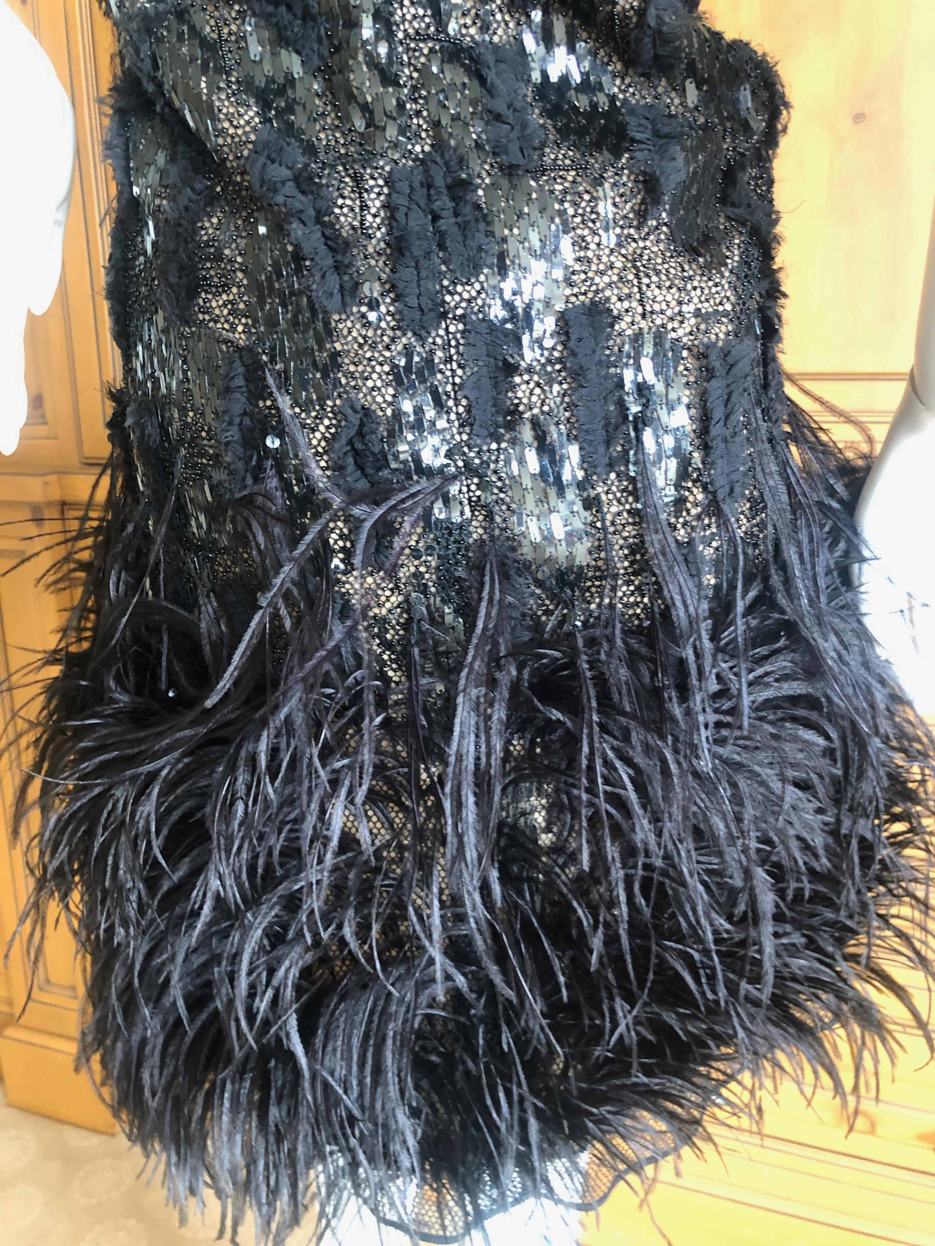 Oscar de la Renta Vintage Embellished Little Black Dress with Feather Trim 5