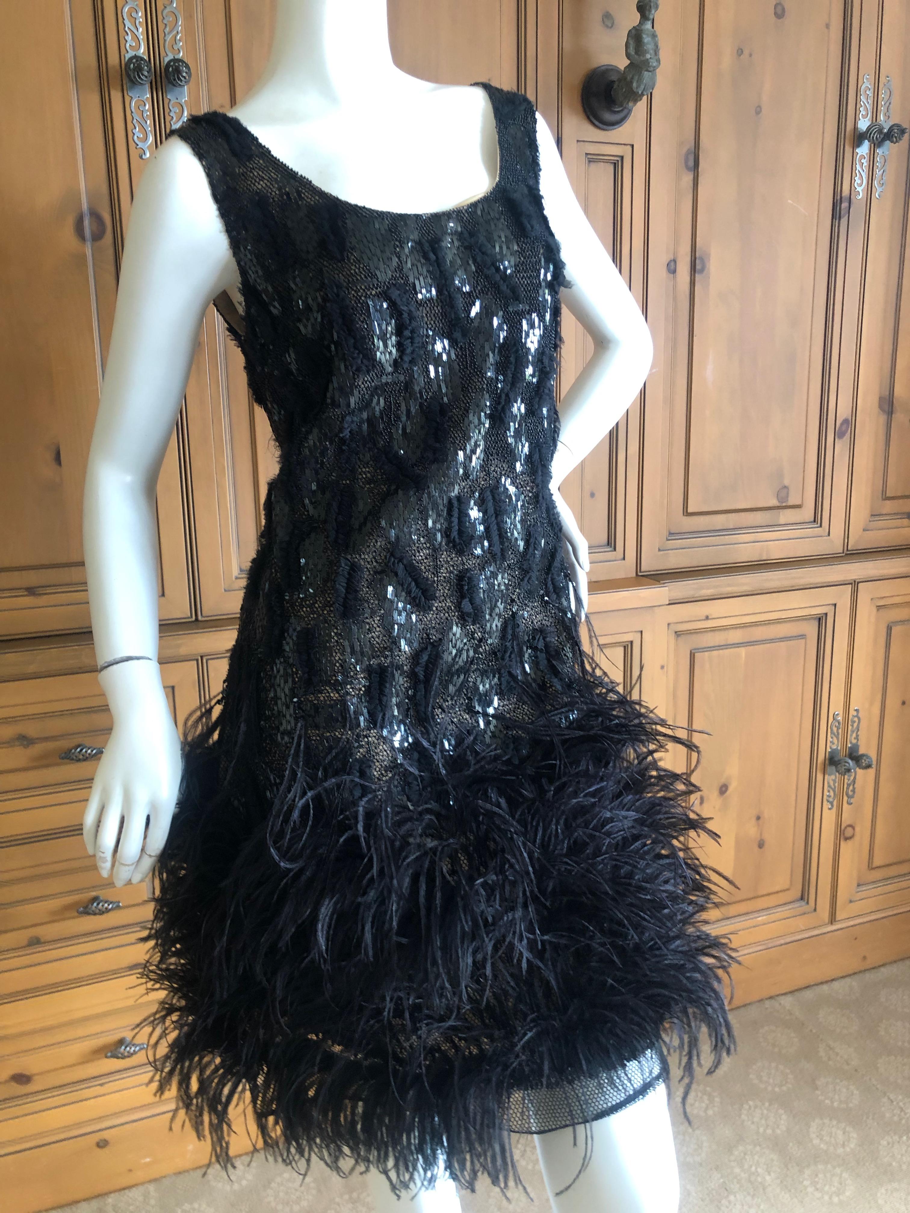 Oscar de la Renta Vintage Embellished Little Black Dress with Feather Trim In Excellent Condition In Cloverdale, CA