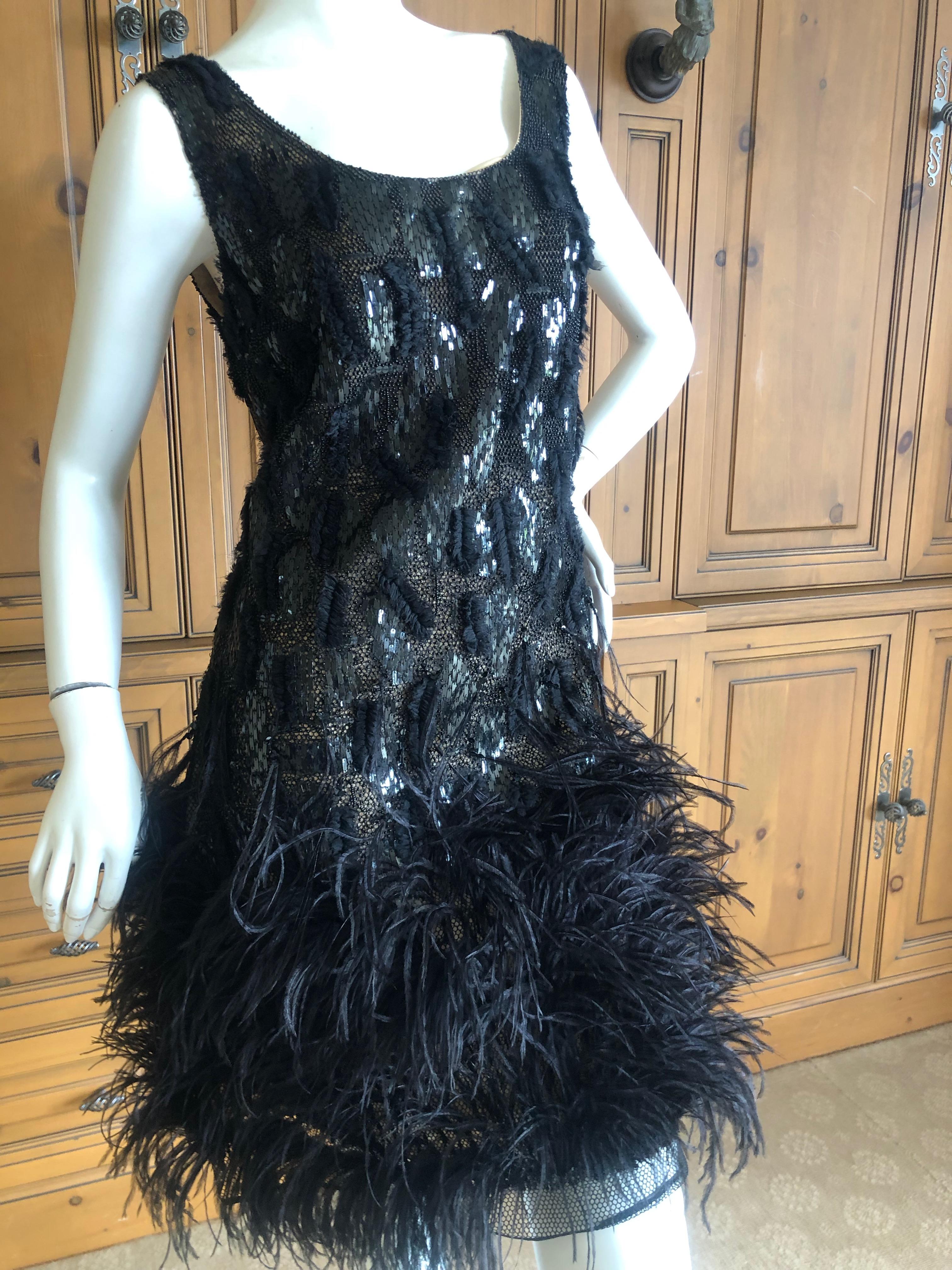 Women's Oscar de la Renta Vintage Embellished Little Black Dress with Feather Trim